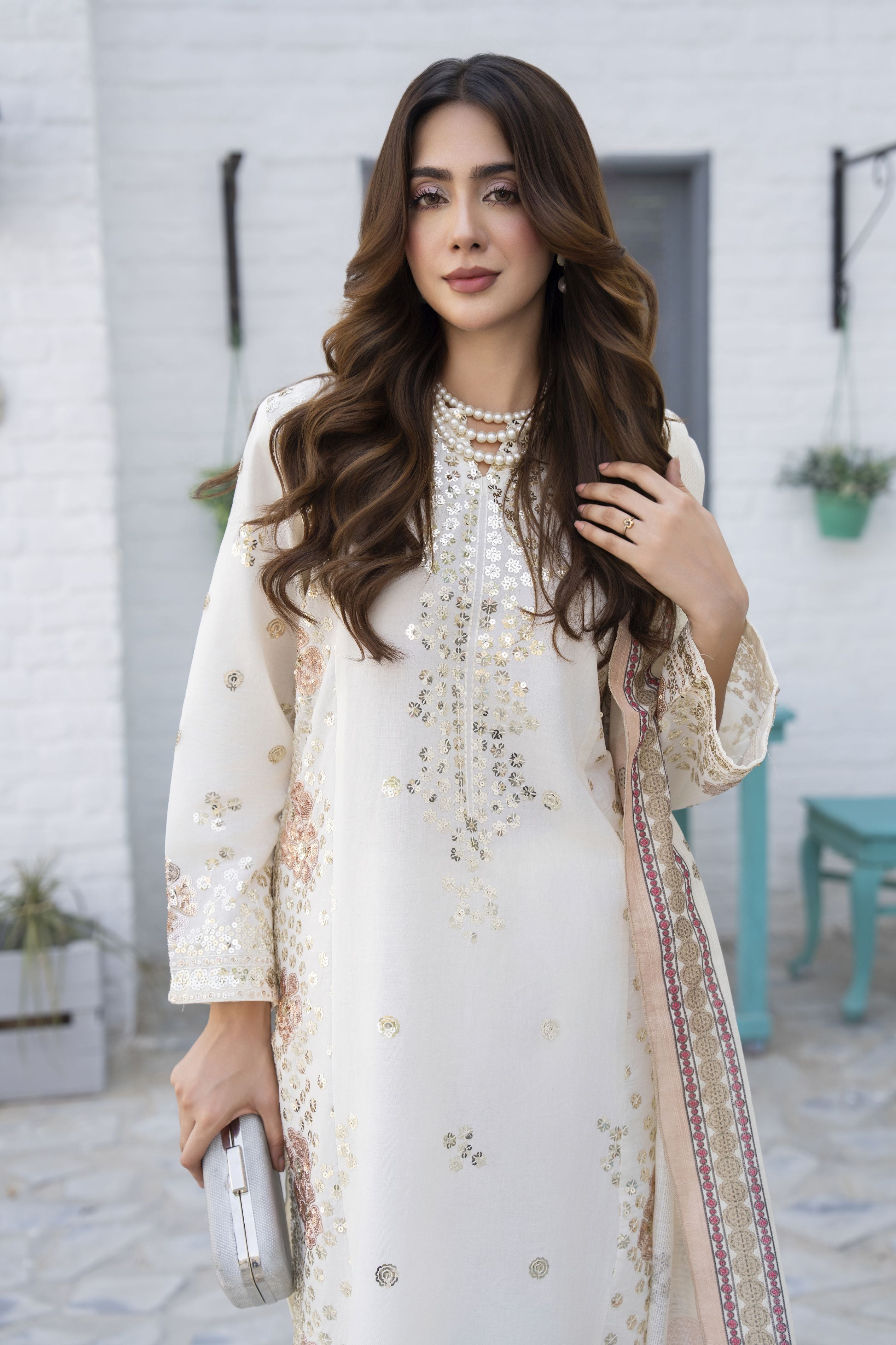 3pc Ivory Sequin Embroidered Cotton Ready to Wear Designer Womenswear by Zaiwa – LTZ5