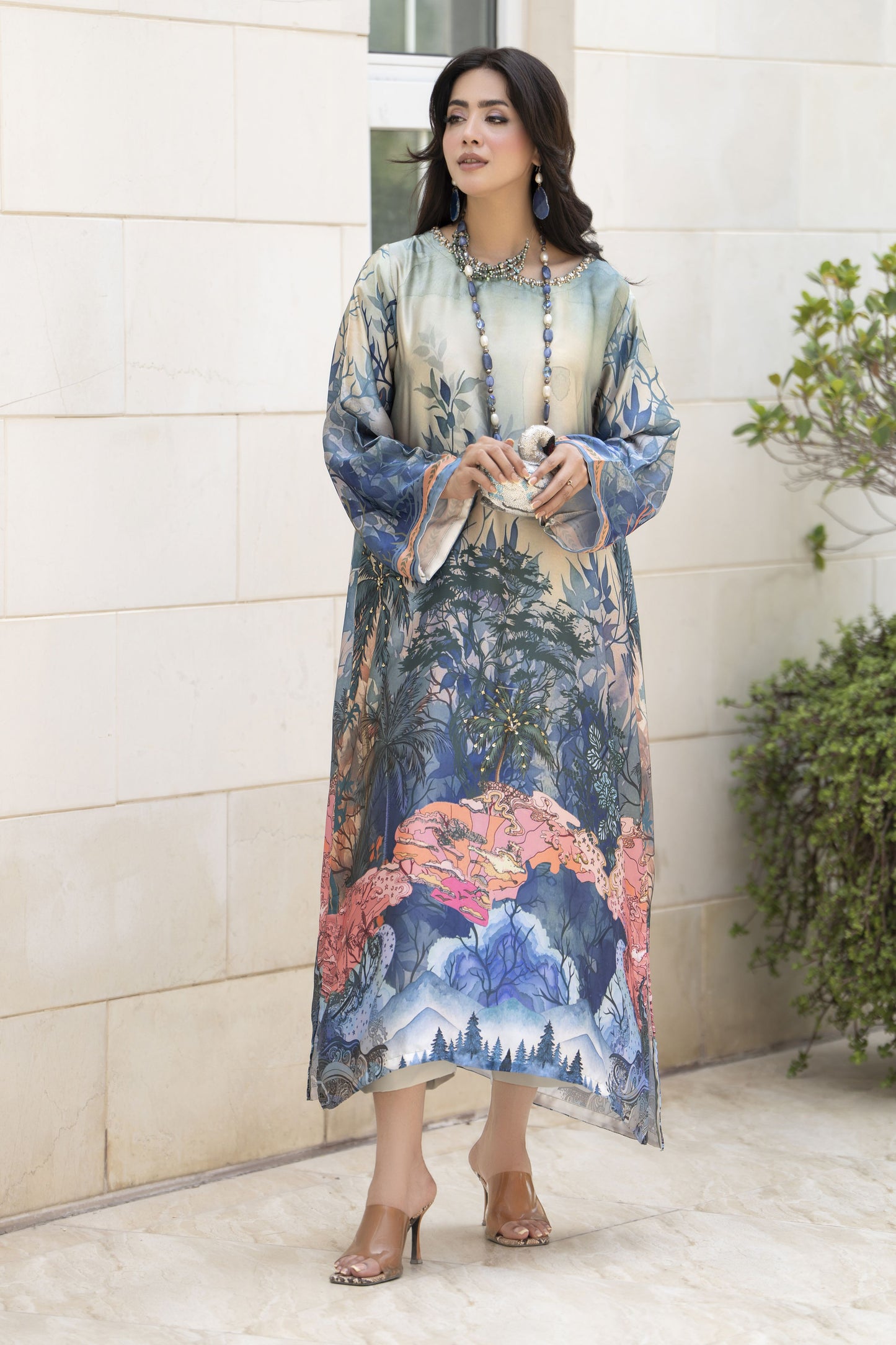 Aleezay 2pc Hand-Embellished Scenic Print Silk Kaftan – AKF9
