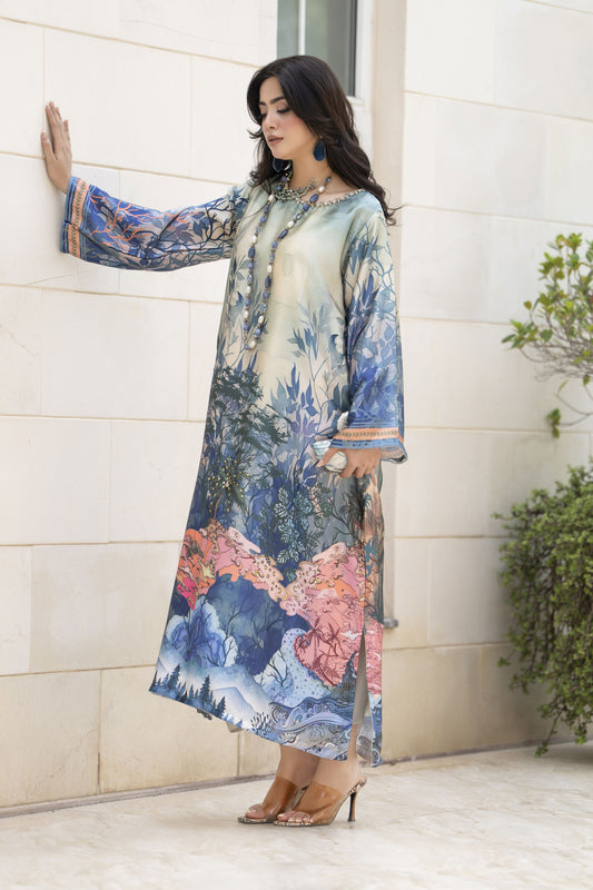 Aleezay 2pc Hand-Embellished Scenic Print Silk Kaftan – AKF9