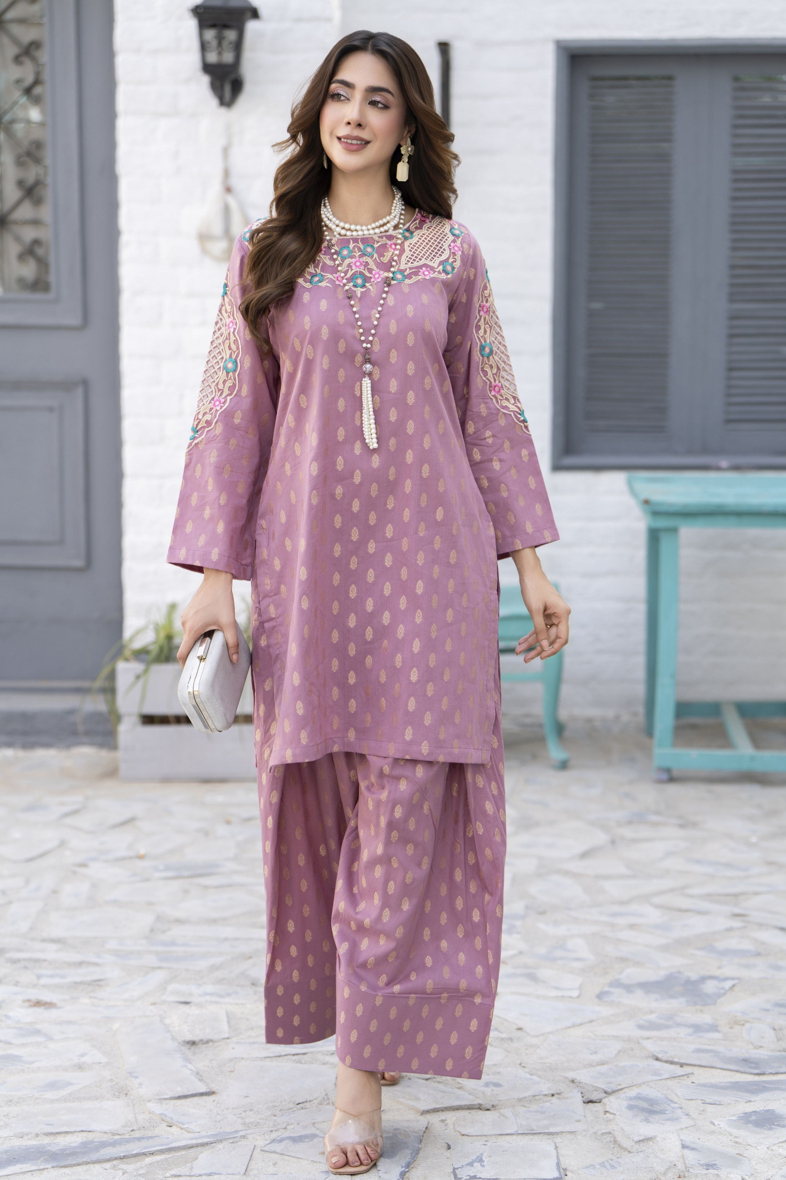 2pc  Mauve Embroidered Jacquard Lawn Farshi Shalwar Suit by Zaiwa – LTZ1