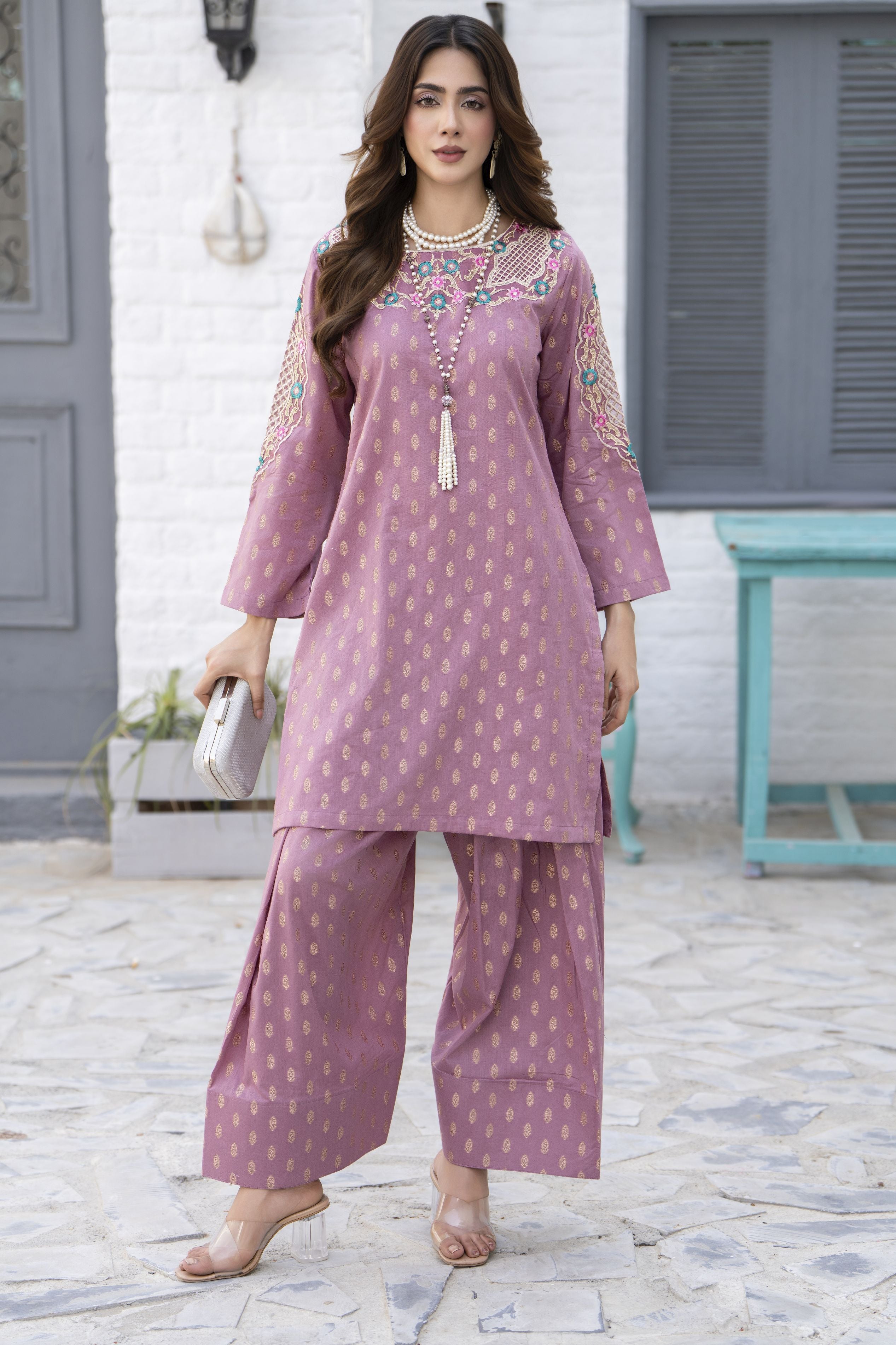 2pc  Mauve Embroidered Jacquard Lawn Farshi Shalwar Suit by Zaiwa – LTZ1