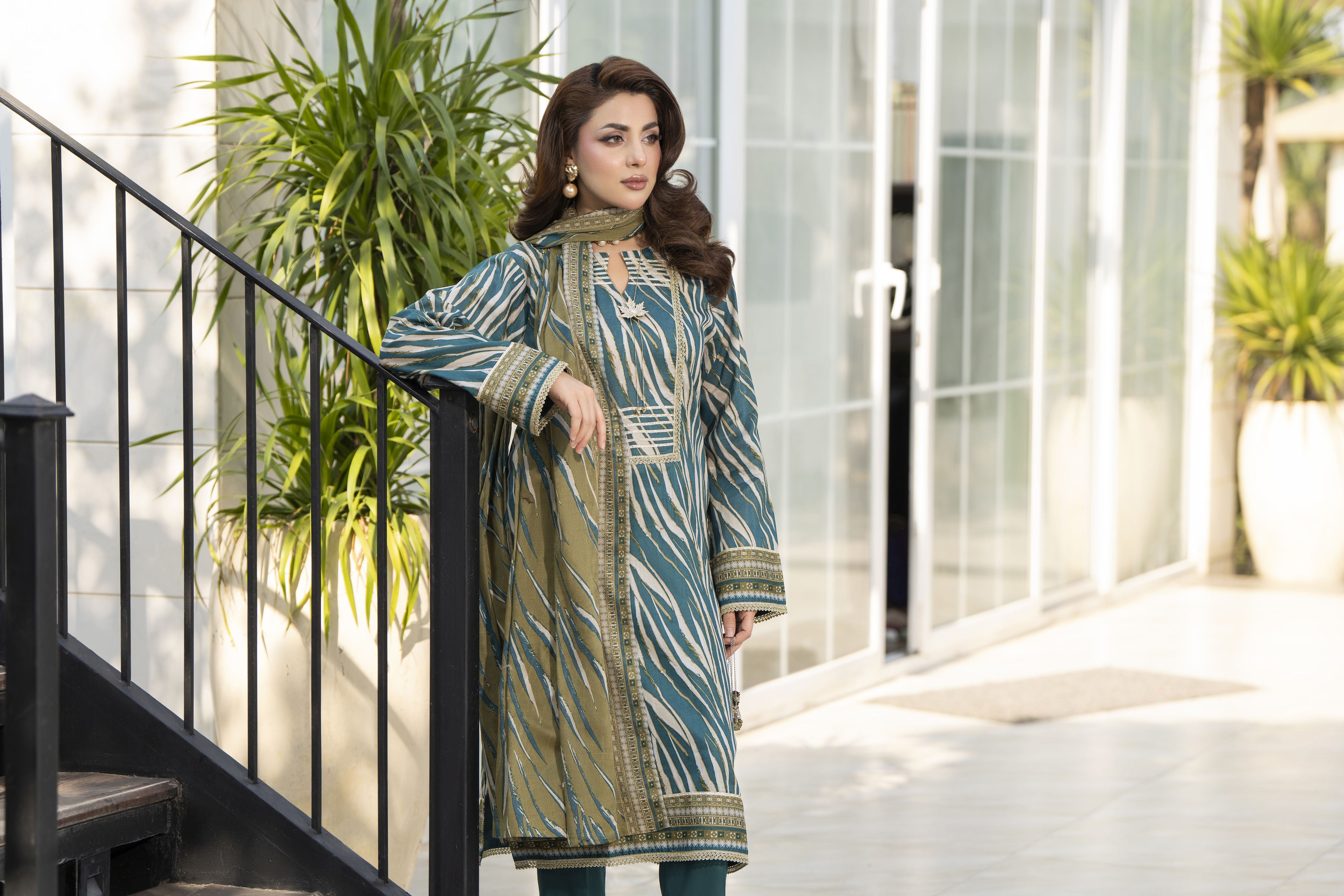 Zaina Bliss 3pc Printed Lawn Long Shirt With Gota Work Bliss2