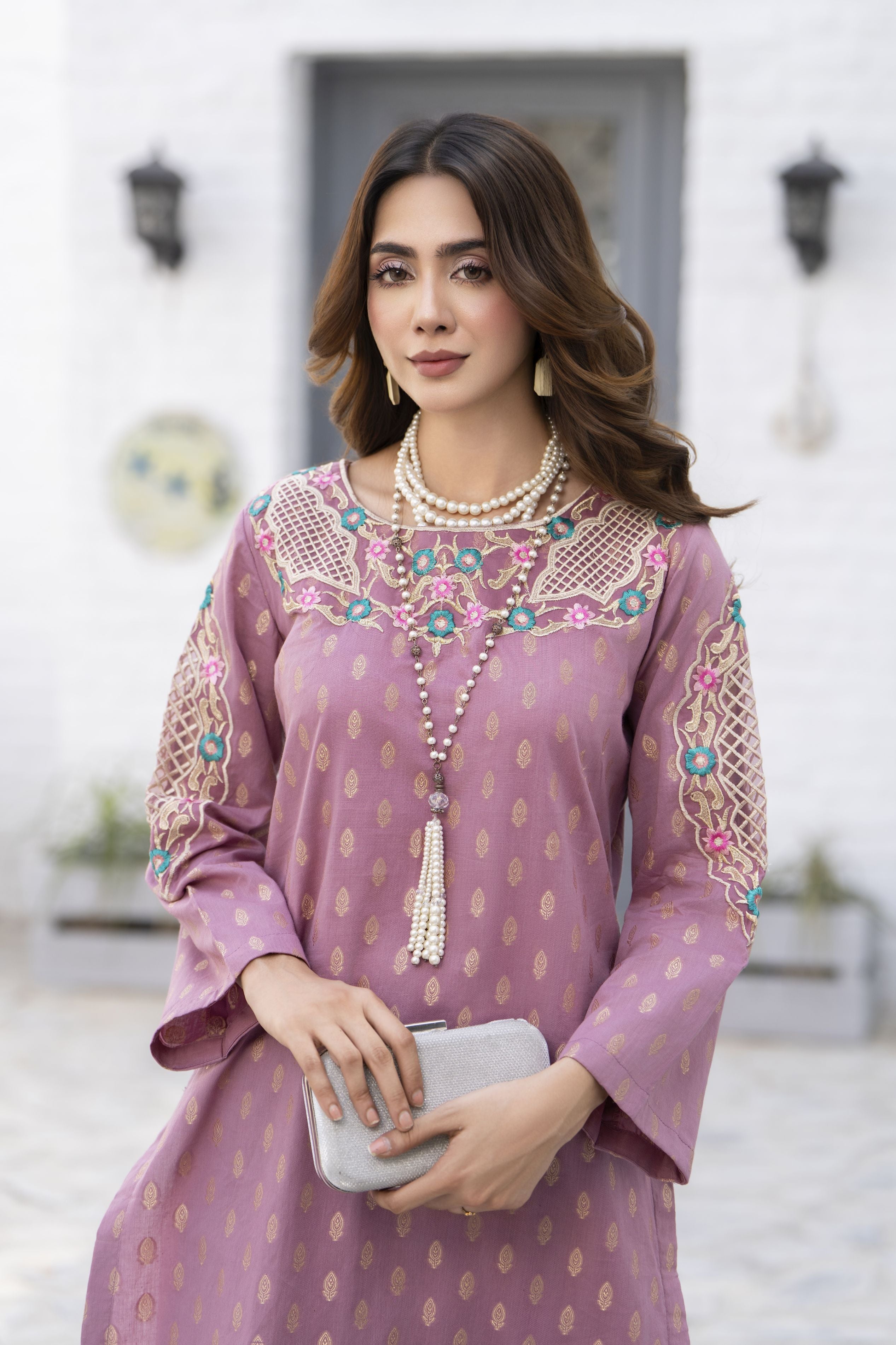 2pc  Mauve Embroidered Jacquard Lawn Farshi Shalwar Suit by Zaiwa – LTZ1