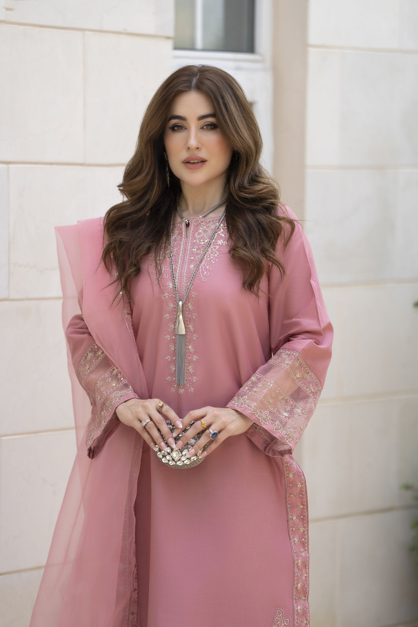 Gul Warun 3pc Thread & Sequin Embroidered Cotton Suit with Organza Dupatta – AMG2