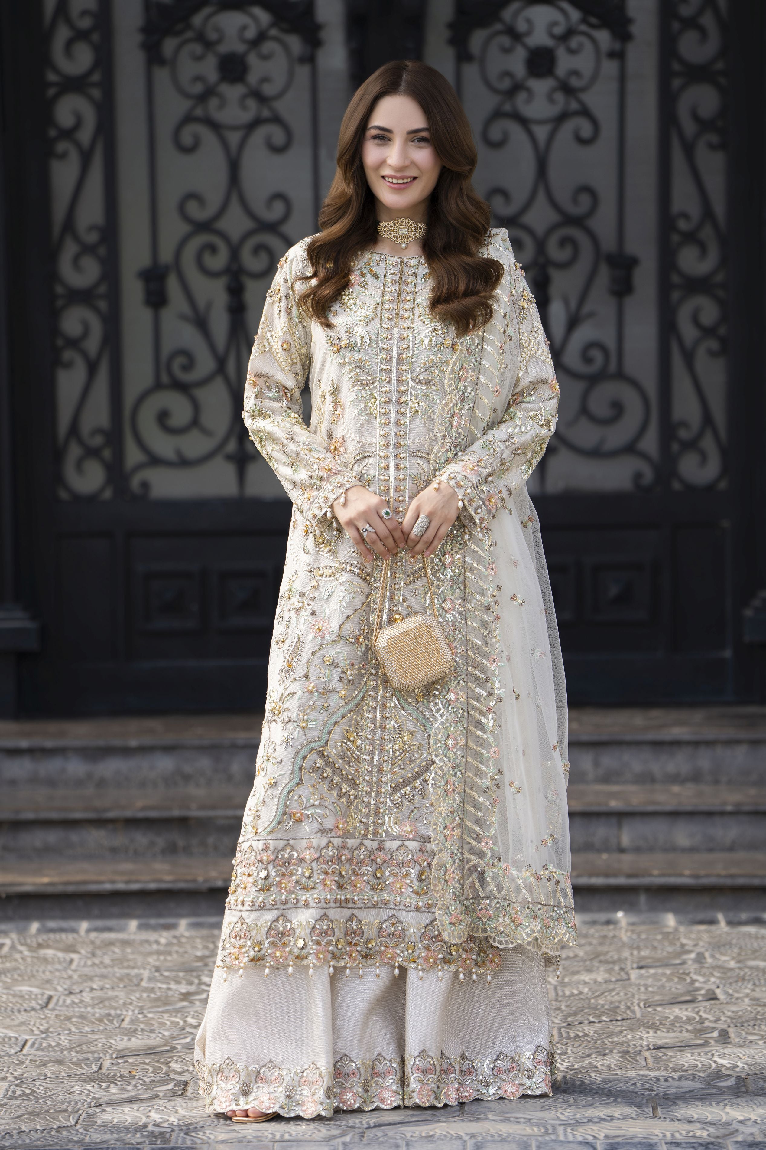Zaiwaraat by Arwah – Off White Handworked Net Shirt with Sequin Sharara – ZWR15