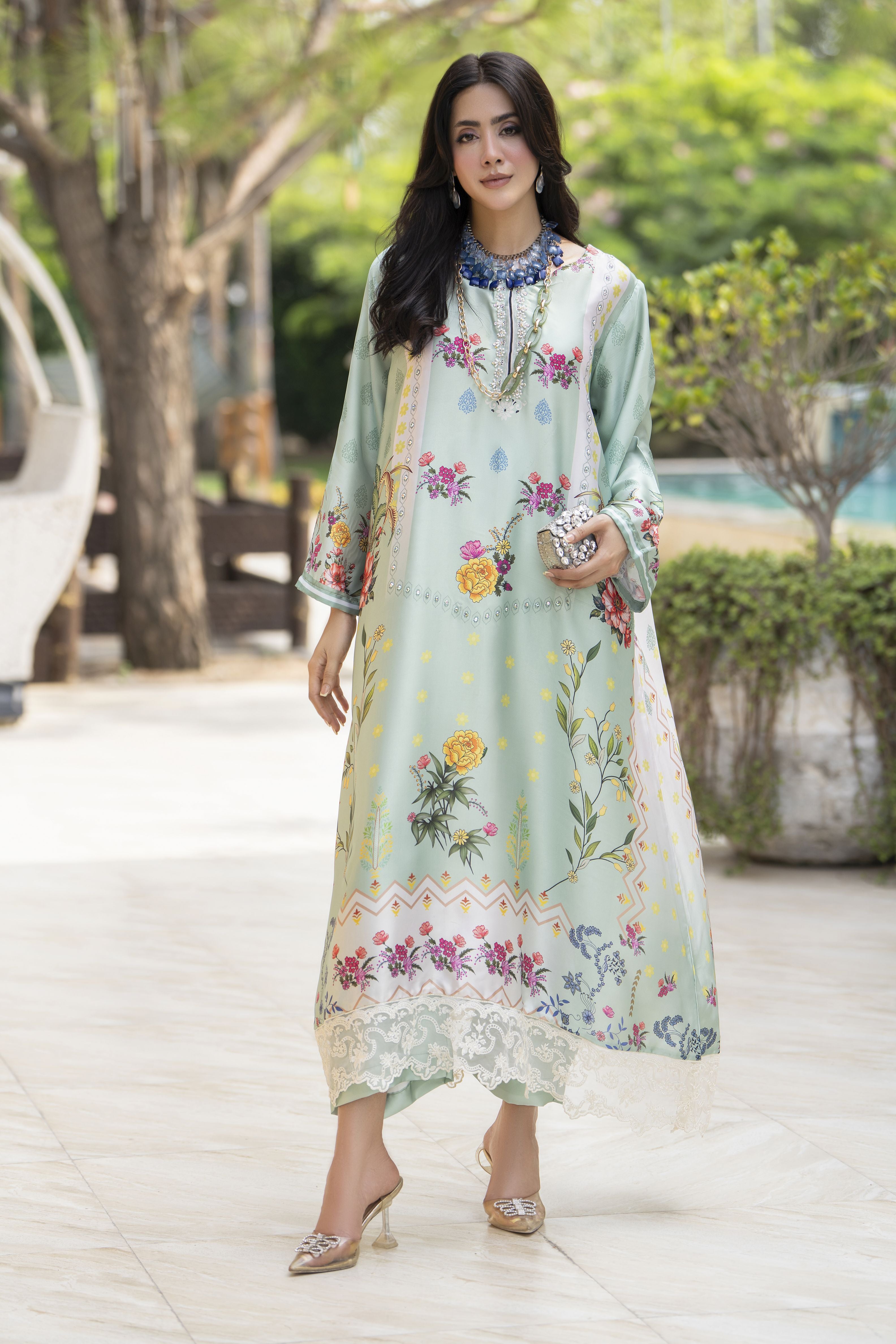 Aleezay 2pc Hand-Embellished Mint Floral Silk Kaftan – AKF6