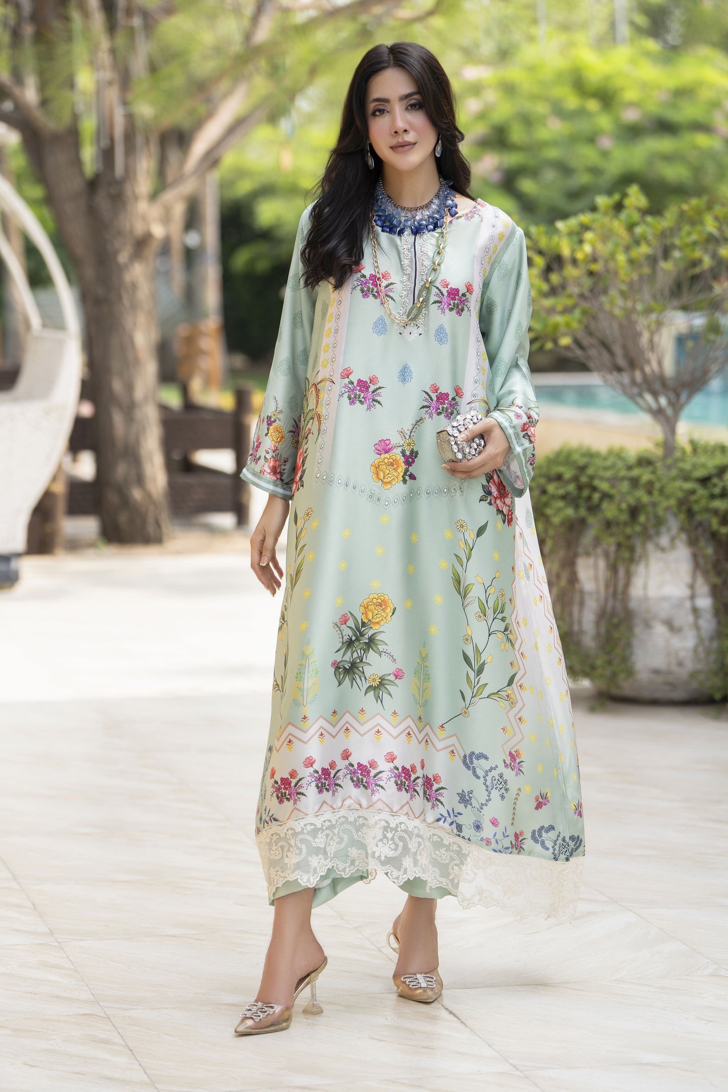 Aleezay 2pc Hand-Embellished Mint Floral Silk Kaftan – AKF6