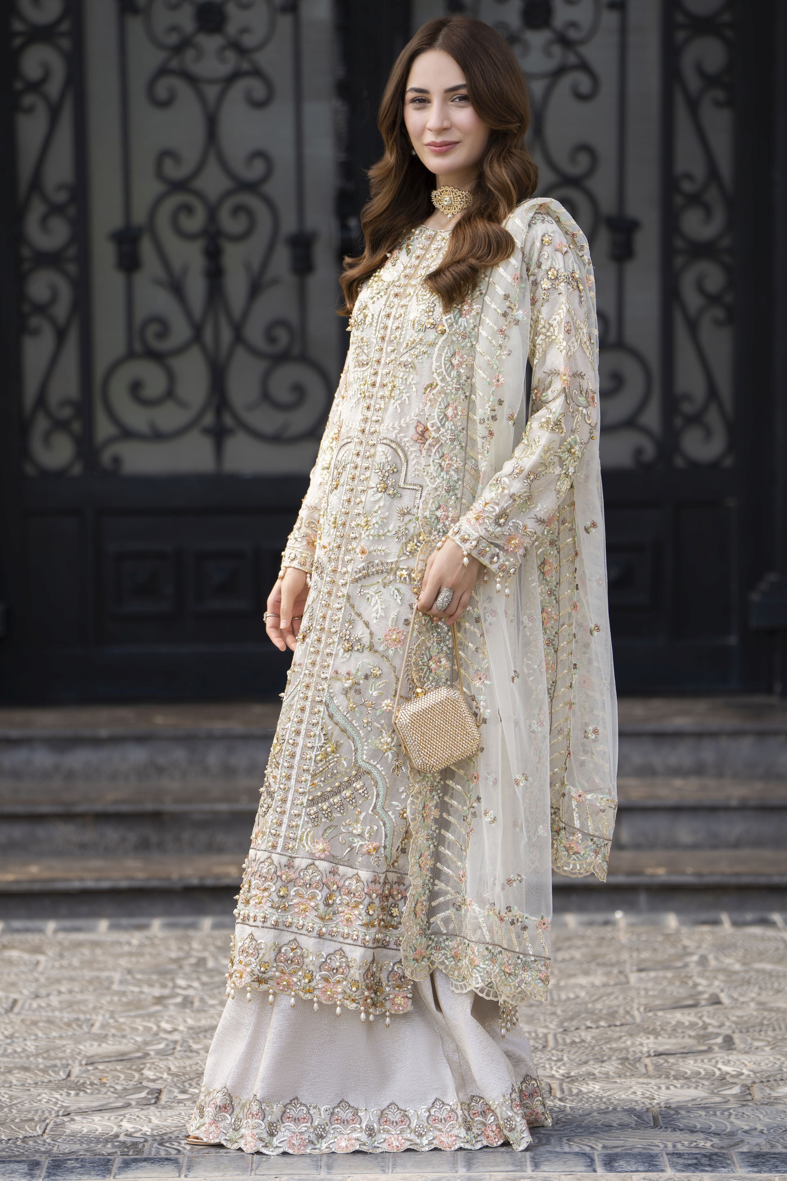 Zaiwaraat by Arwah – Off White Handworked Net Shirt with Sequin Sharara – ZWR15