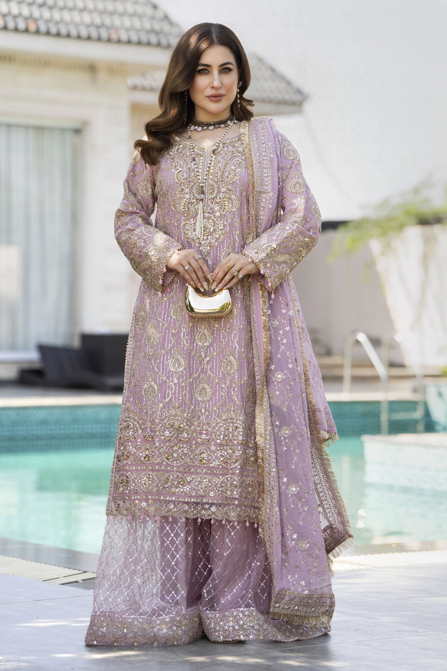 Shaadi by Silver Chiffon Handwork Long Shirt with Net Sharara SXS8