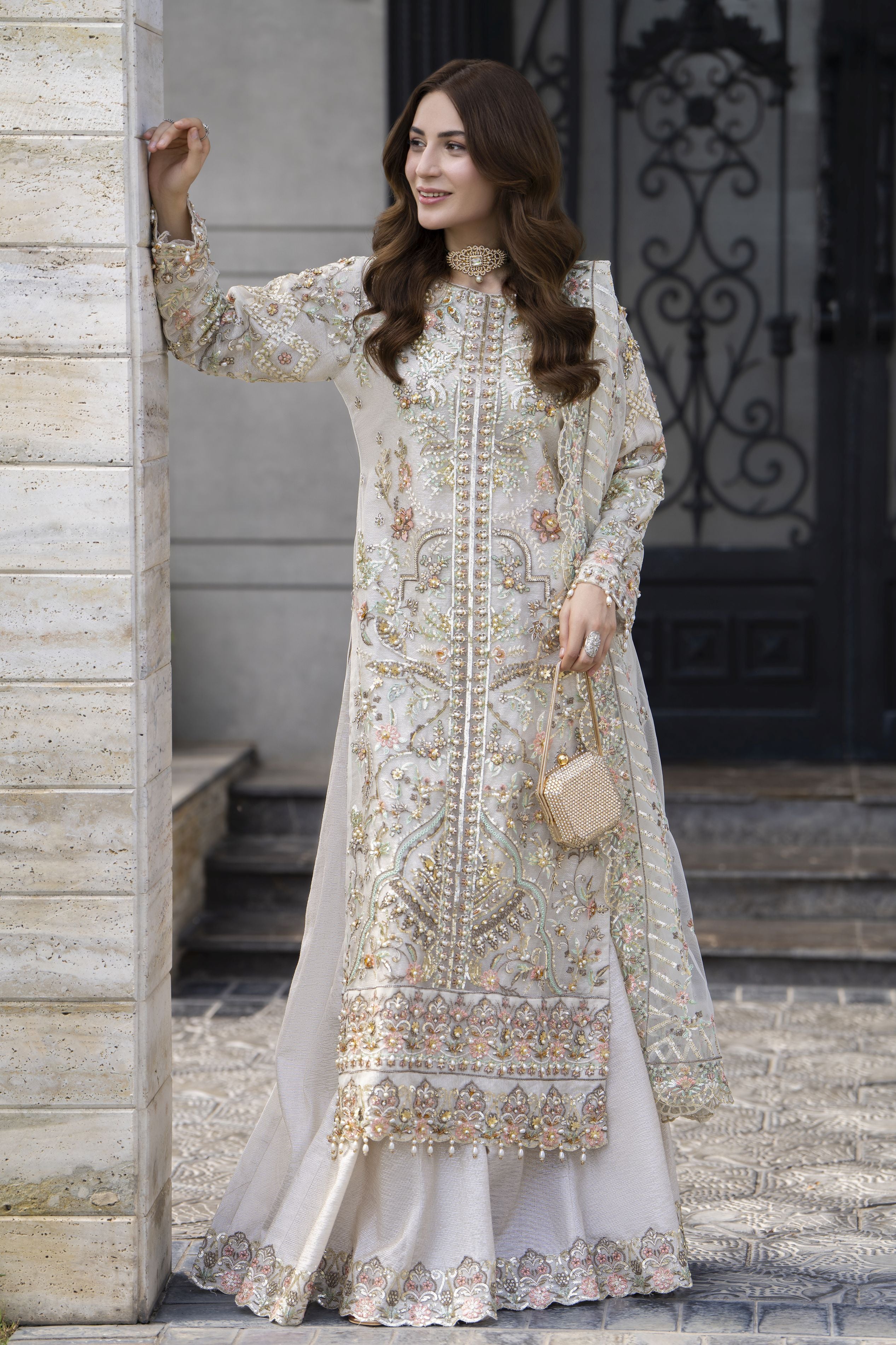 Zaiwaraat by Arwah – Off White Handworked Net Shirt with Sequin Sharara – ZWR15