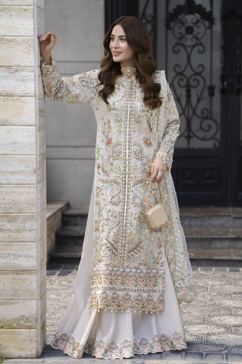 Zaiwaraat by Arwah – Off White Handworked Net Shirt with Sequin Sharara – ZWR15
