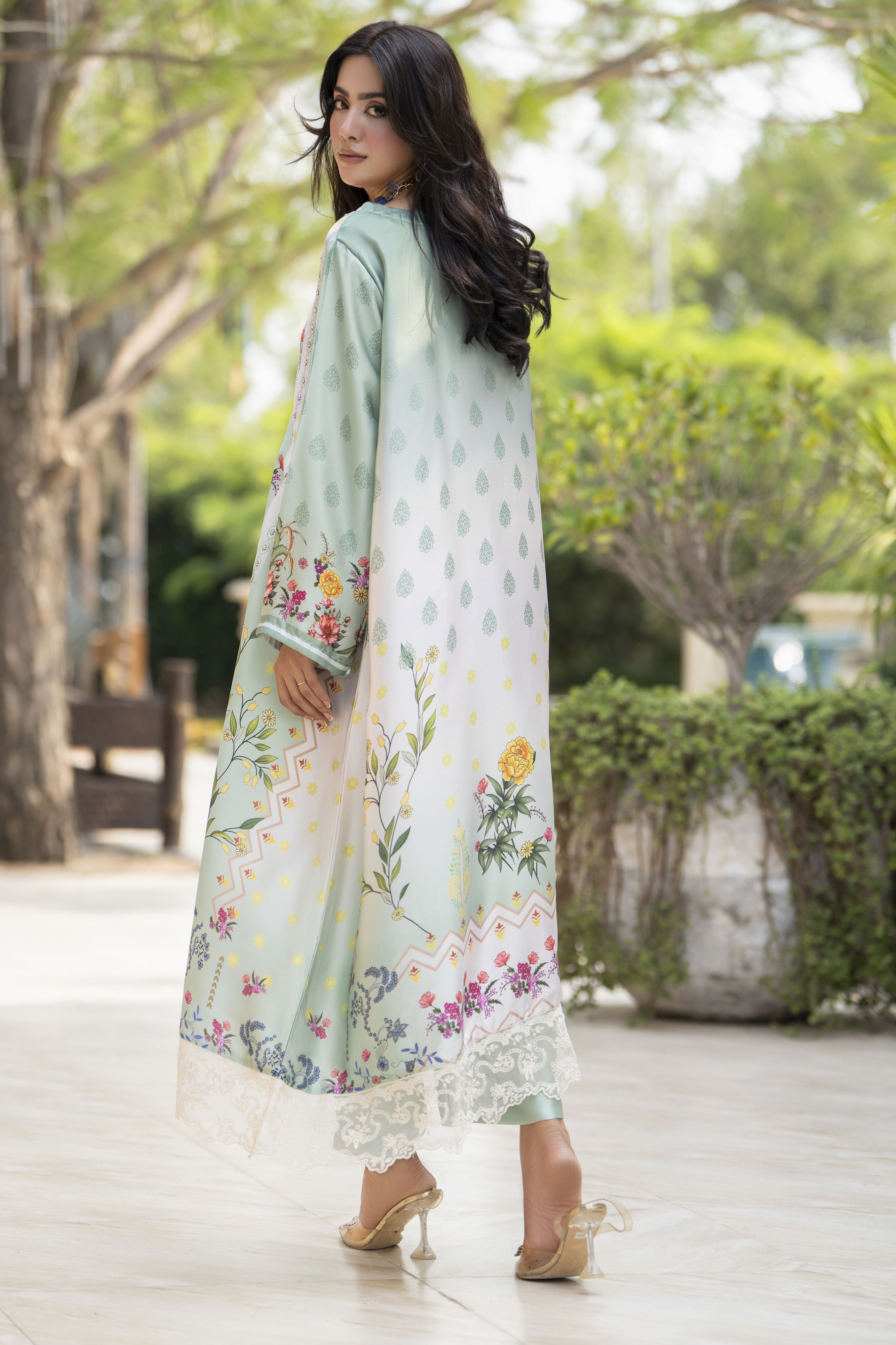 Aleezay 2pc Hand-Embellished Mint Floral Silk Kaftan – AKF6