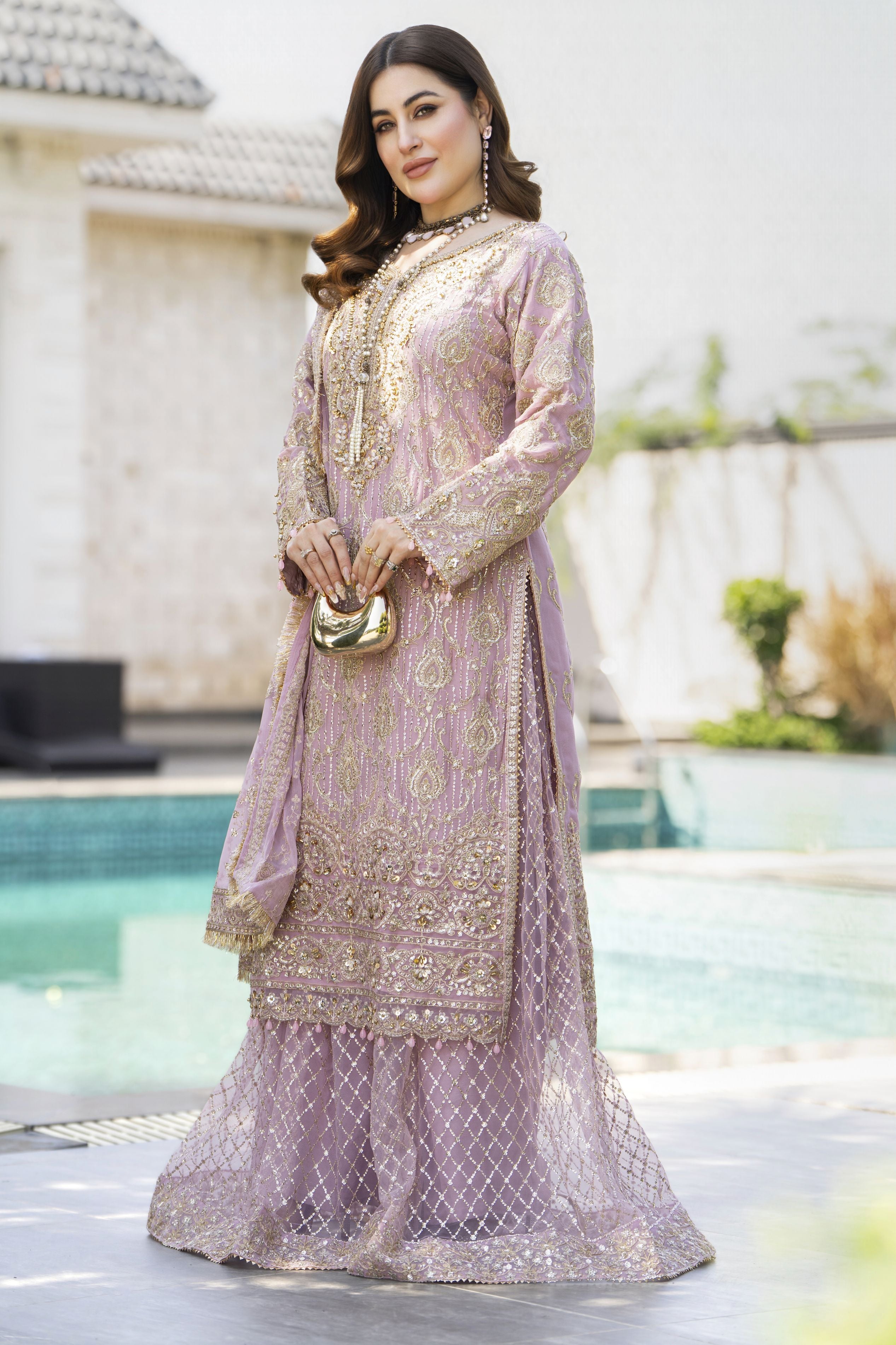 Shaadi by Silver Chiffon Handwork Long Shirt with Net Sharara SXS8