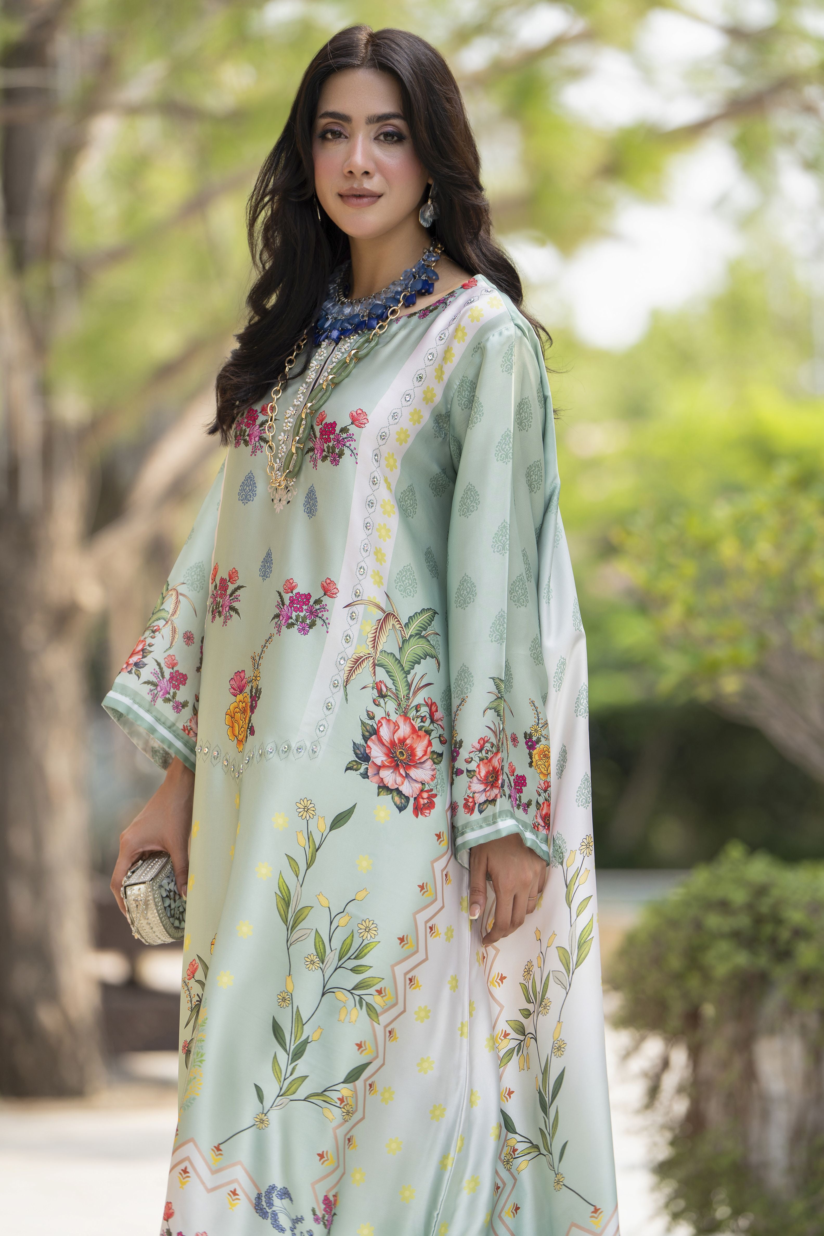 Aleezay 2pc Hand-Embellished Mint Floral Silk Kaftan – AKF6
