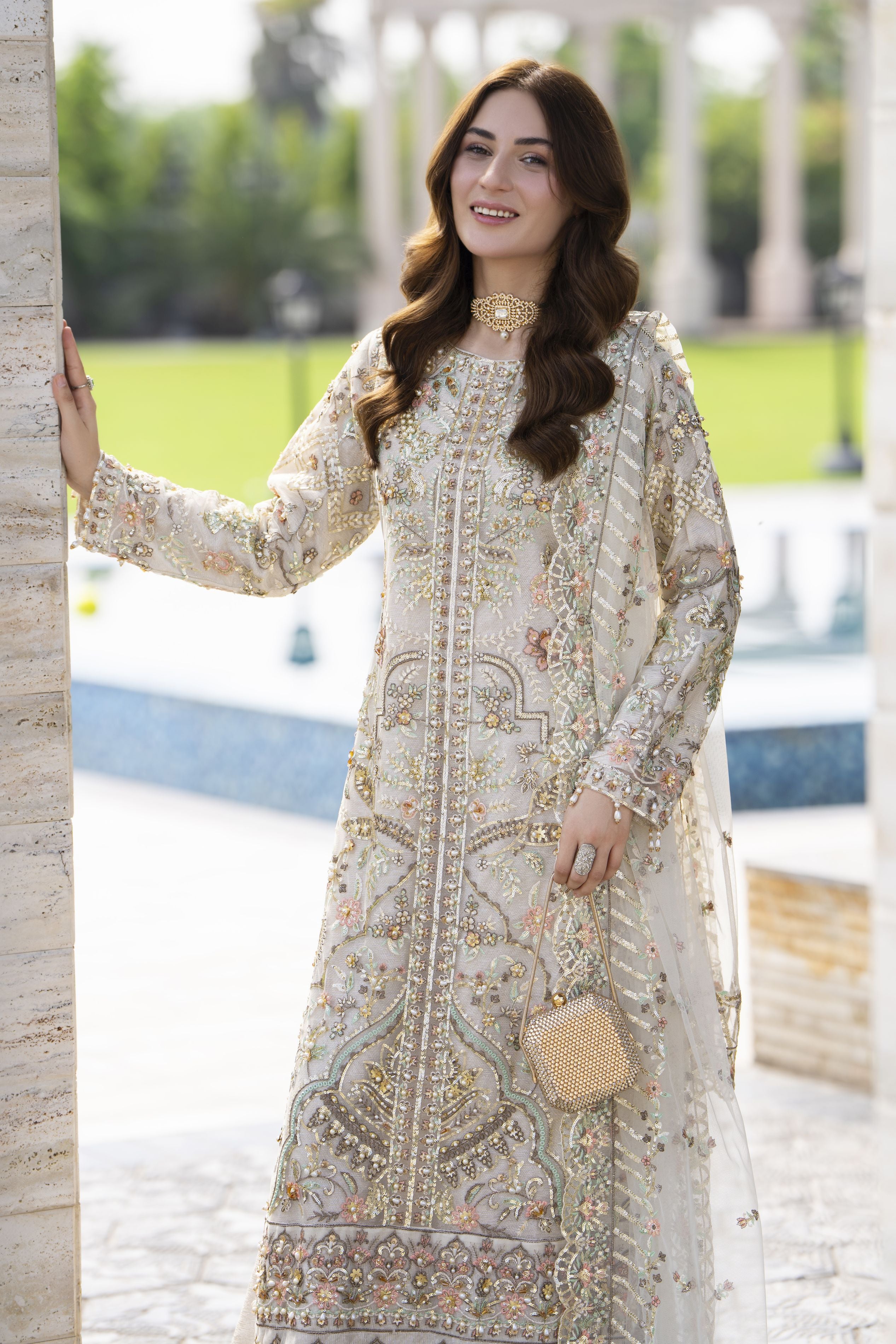 Zaiwaraat by Arwah – Off White Handworked Net Shirt with Sequin Sharara – ZWR15