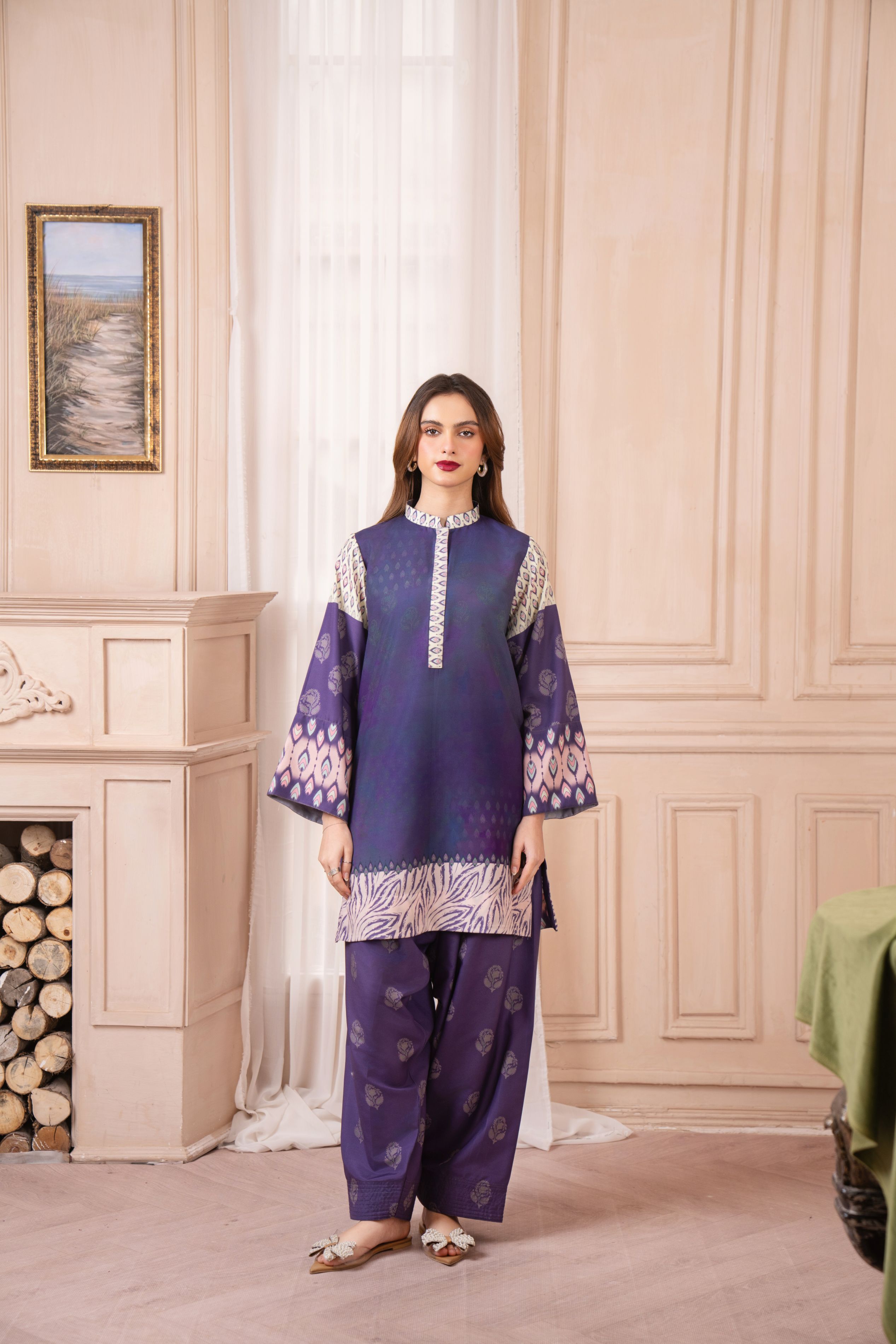 Purple and Ivory Printed Coord Set – Grip Coords by Sakeena Hasan GCS4