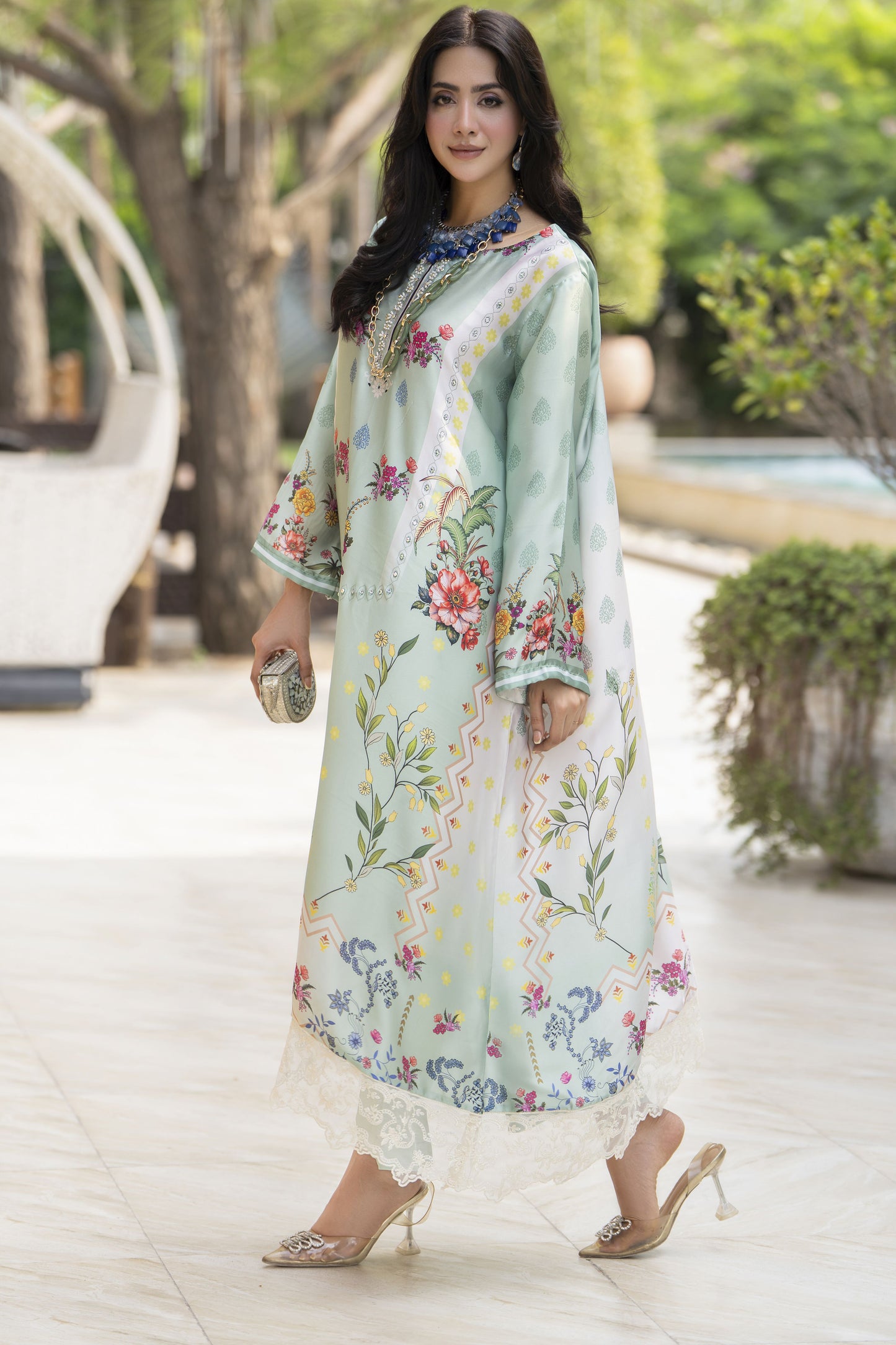 Aleezay 2pc Hand-Embellished Mint Floral Silk Kaftan – AKF6