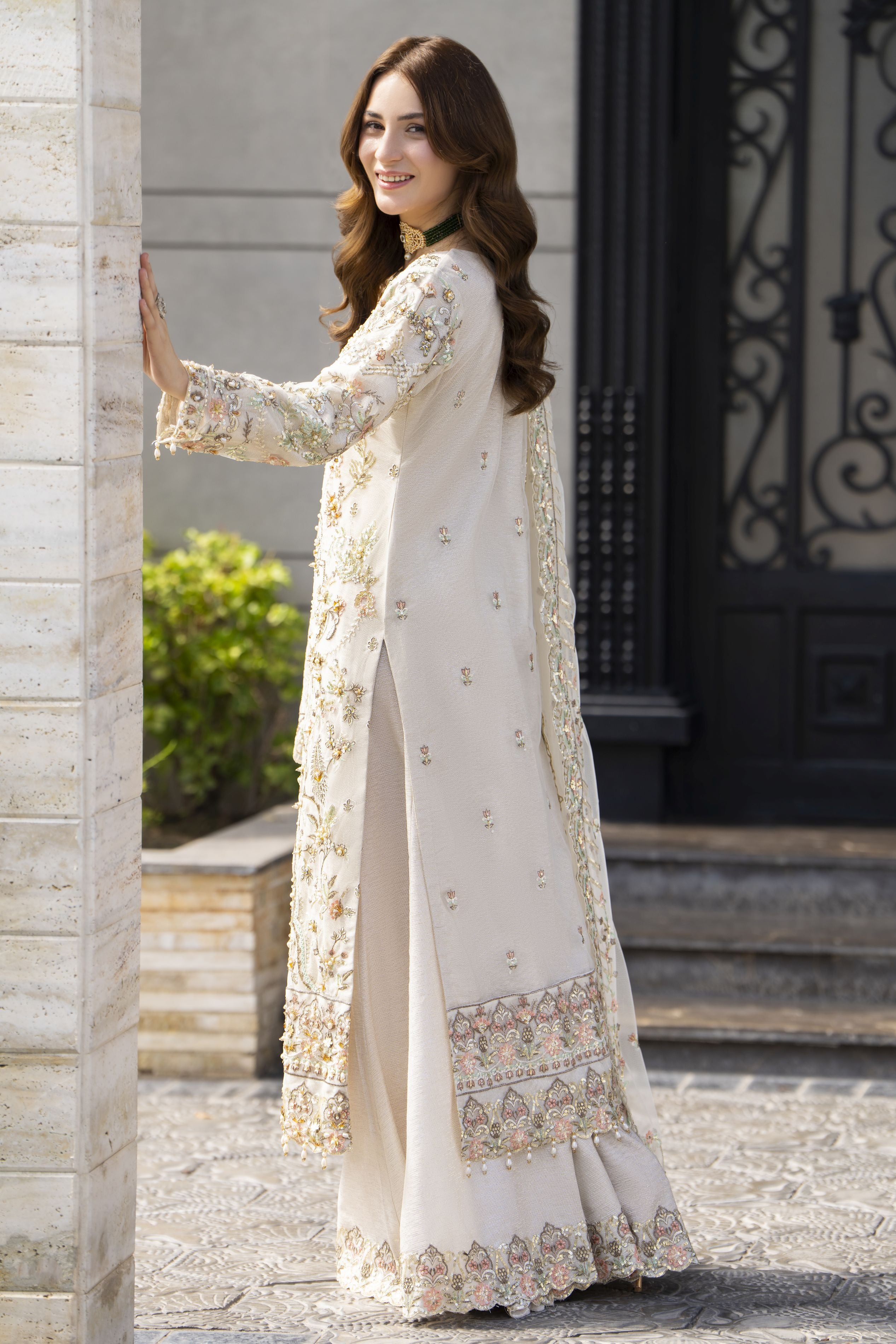 Zaiwaraat by Arwah – Off White Handworked Net Shirt with Sequin Sharara – ZWR15