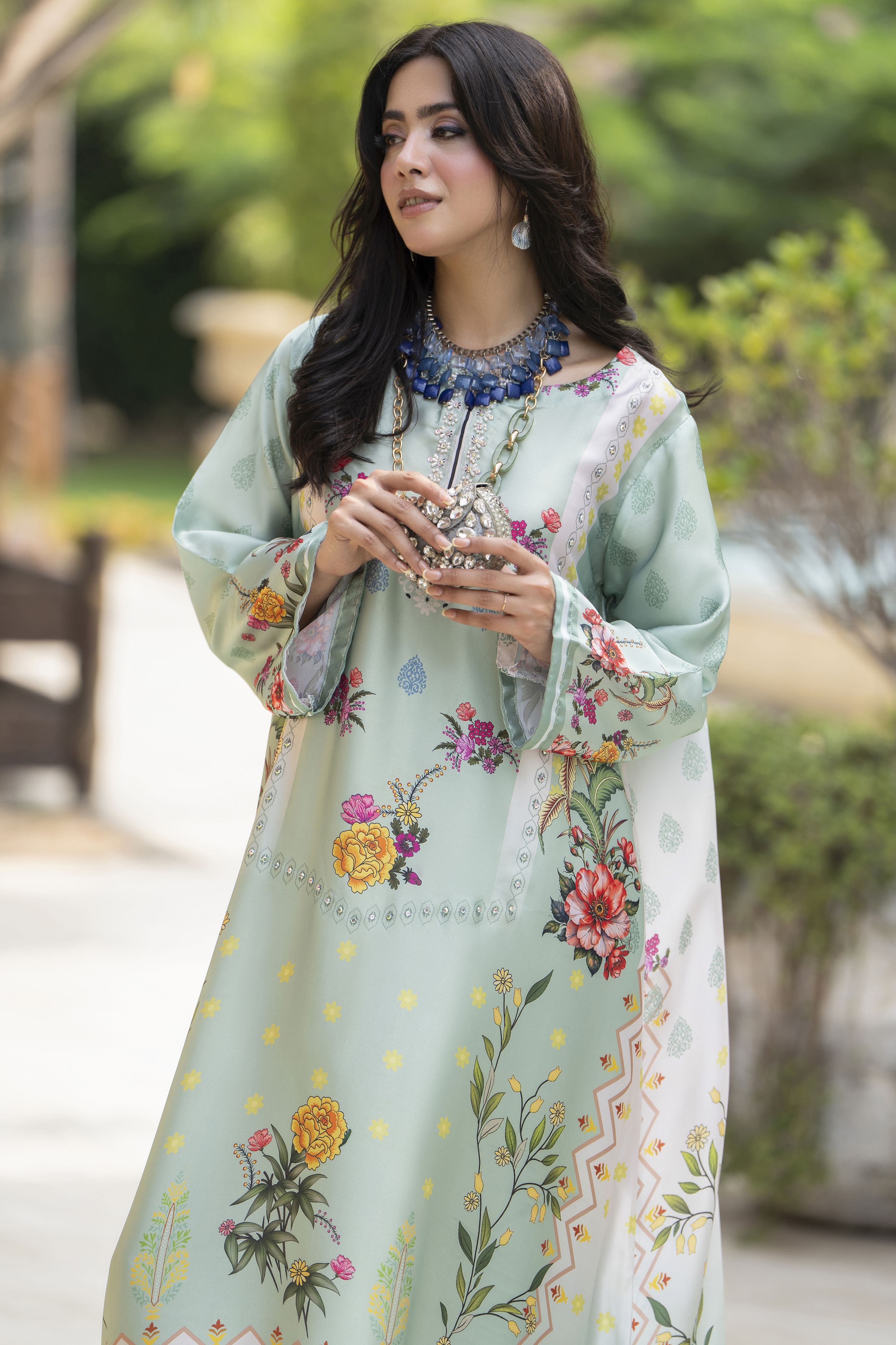 Aleezay 2pc Hand-Embellished Mint Floral Silk Kaftan – AKF6