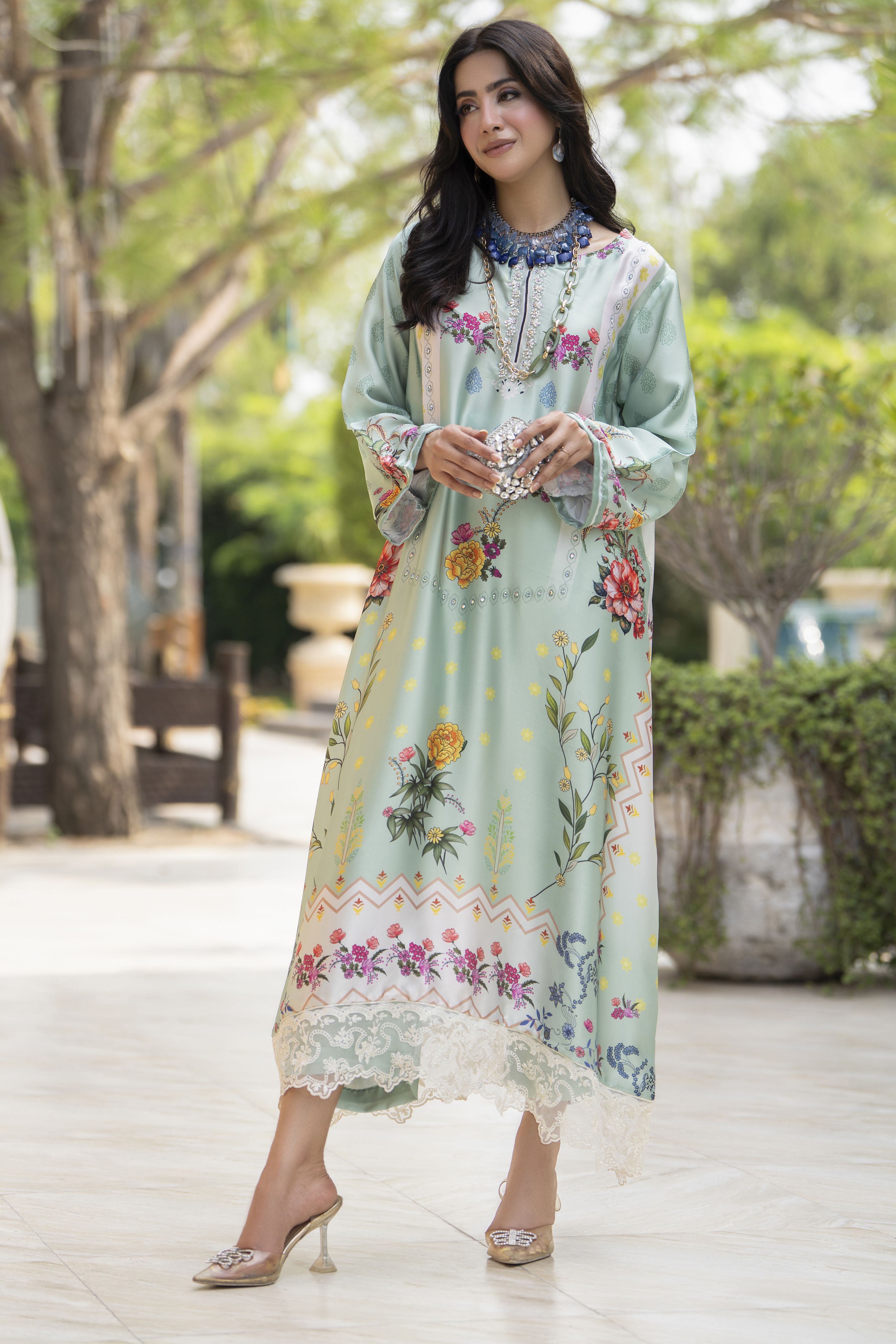 Aleezay 2pc Hand-Embellished Mint Floral Silk Kaftan – AKF6