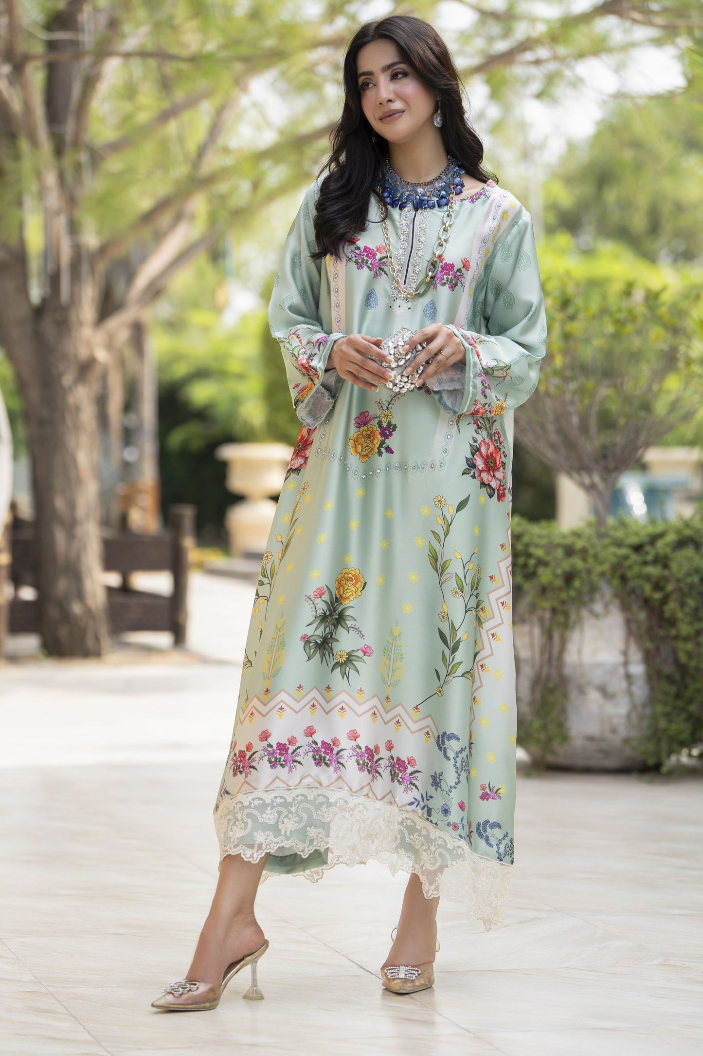 Aleezay 2pc Hand-Embellished Mint Floral Silk Kaftan – AKF6