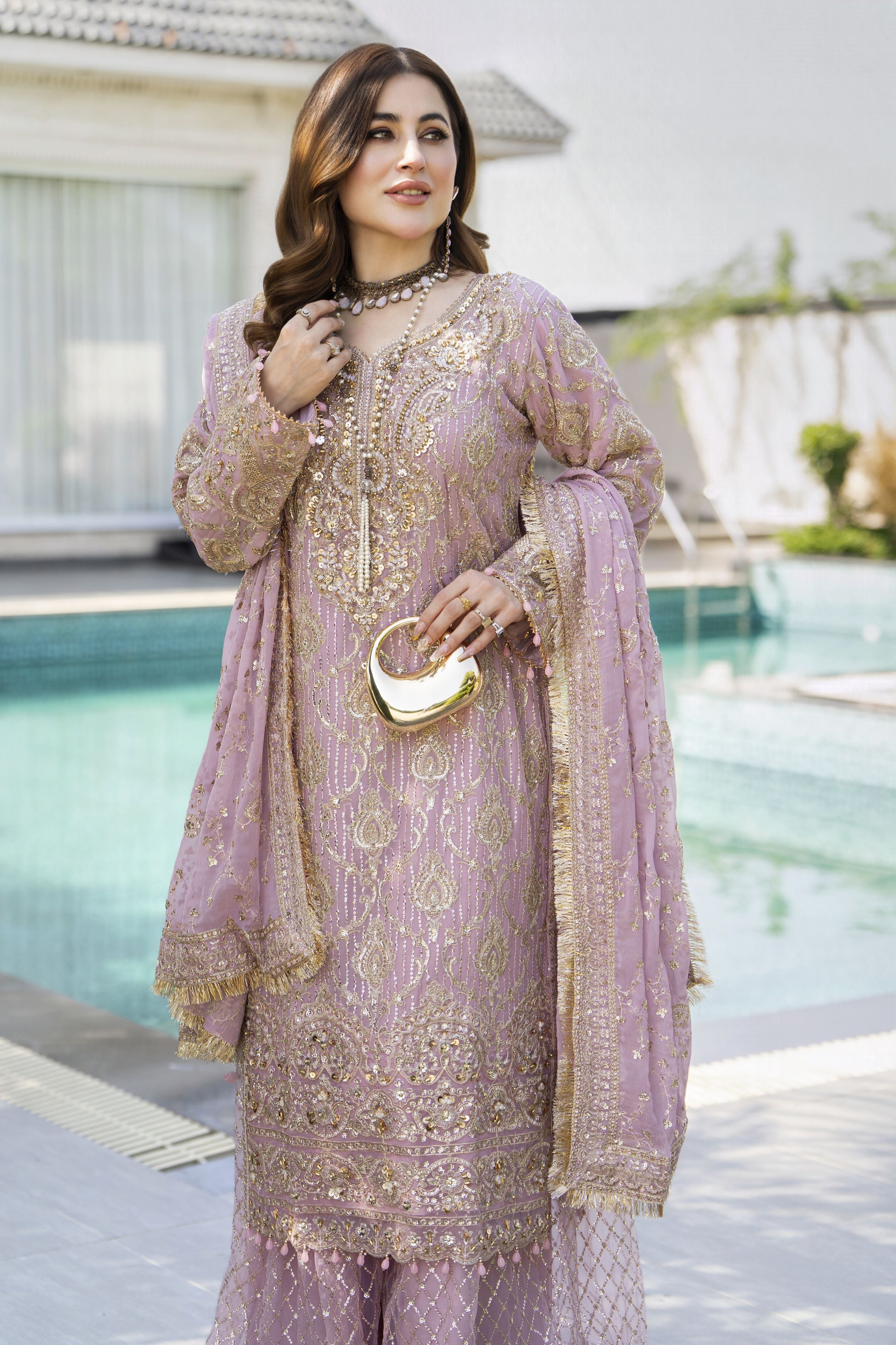 Shaadi by Silver Chiffon Handwork Long Shirt with Net Sharara SXS8