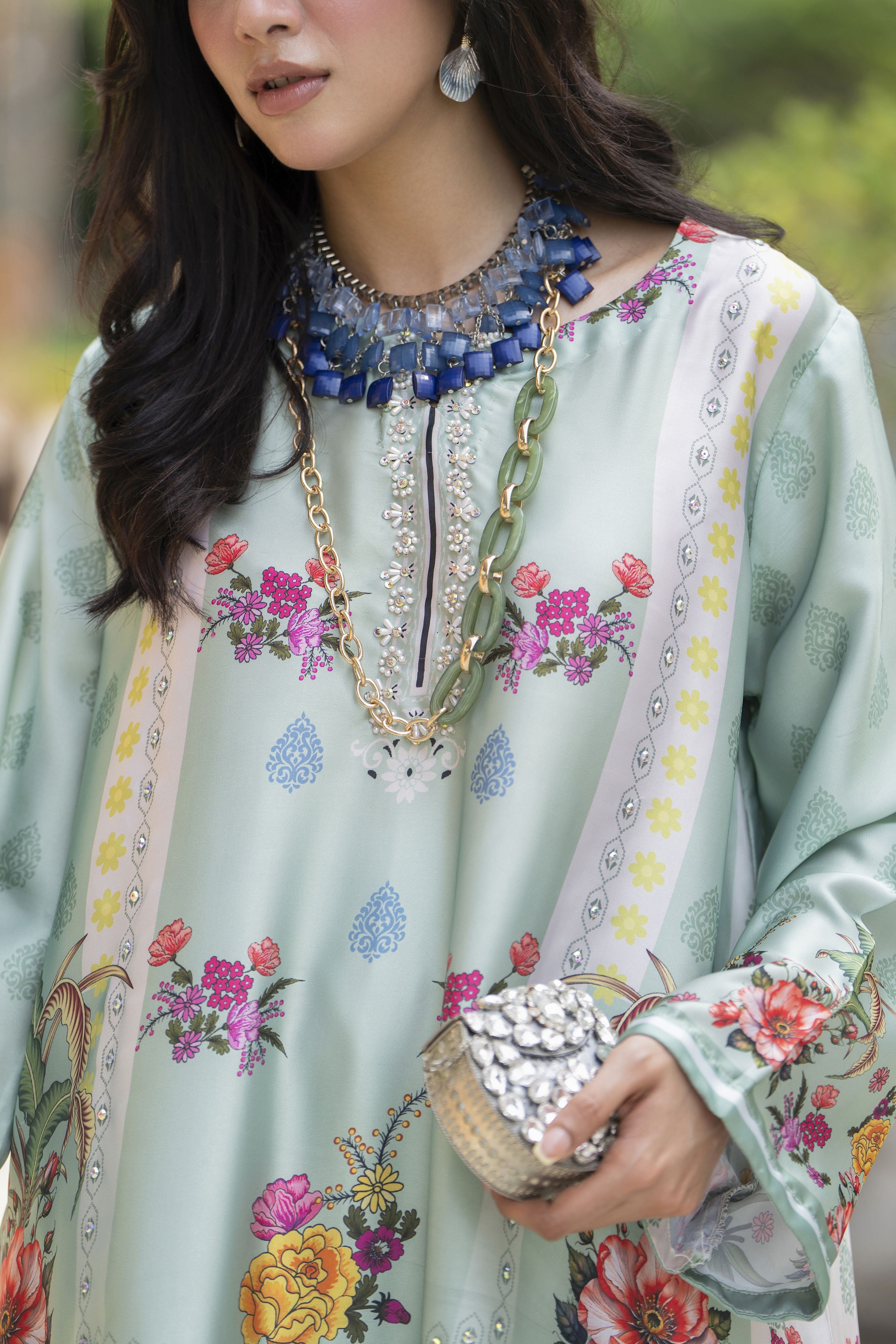 Aleezay 2pc Hand-Embellished Mint Floral Silk Kaftan – AKF6