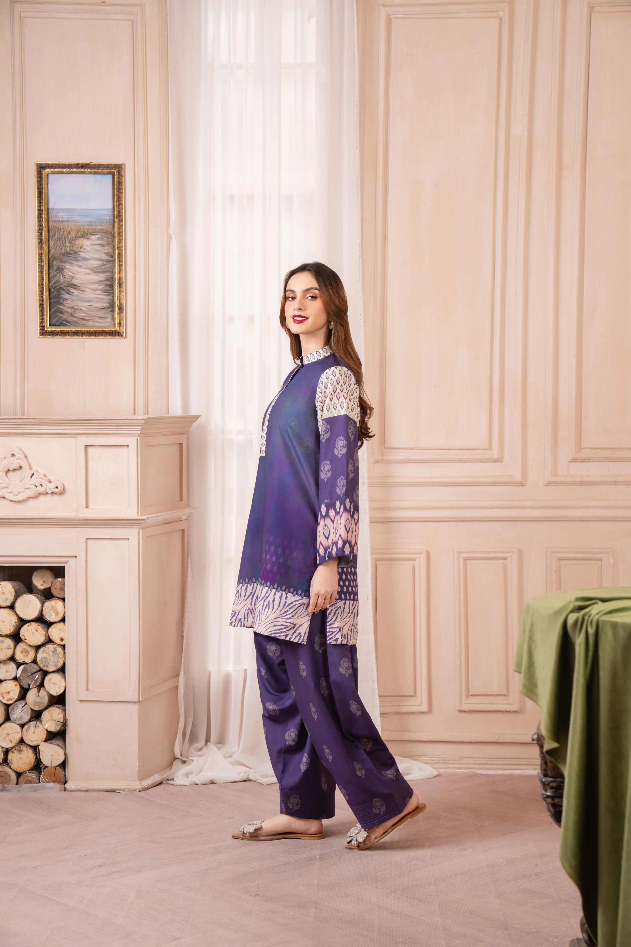 Purple and Ivory Printed Coord Set – Grip Coords by Sakeena Hasan GCS4