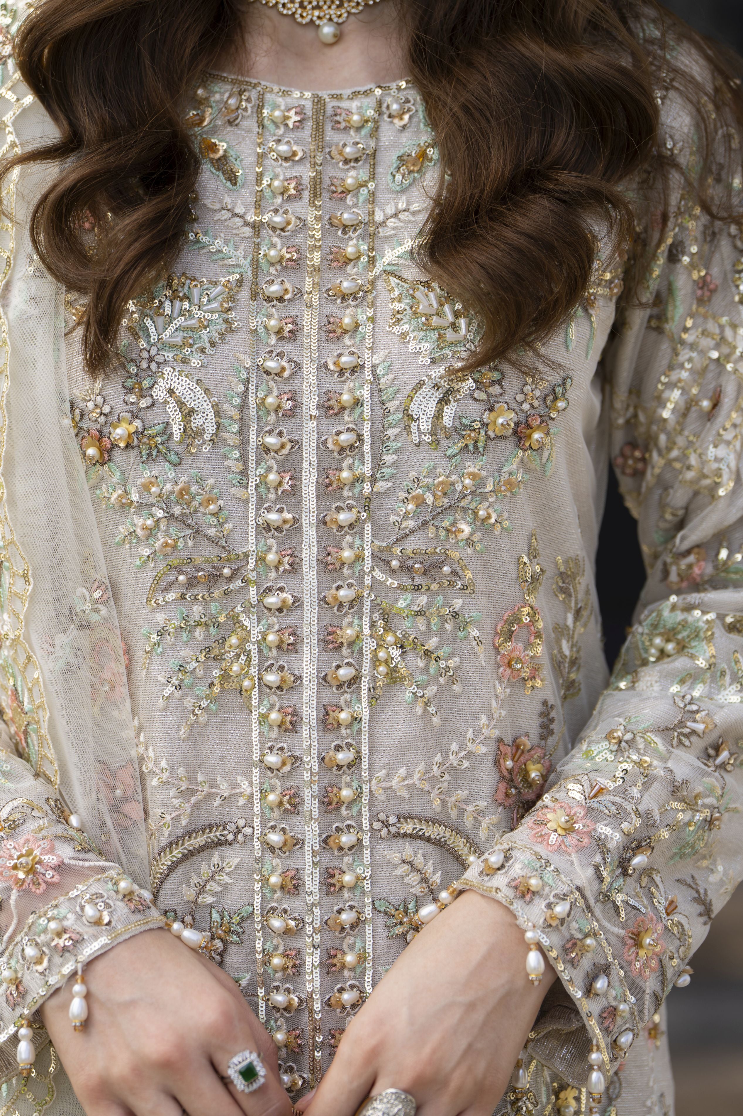 Zaiwaraat by Arwah – Off White Handworked Net Shirt with Sequin Sharara – ZWR15