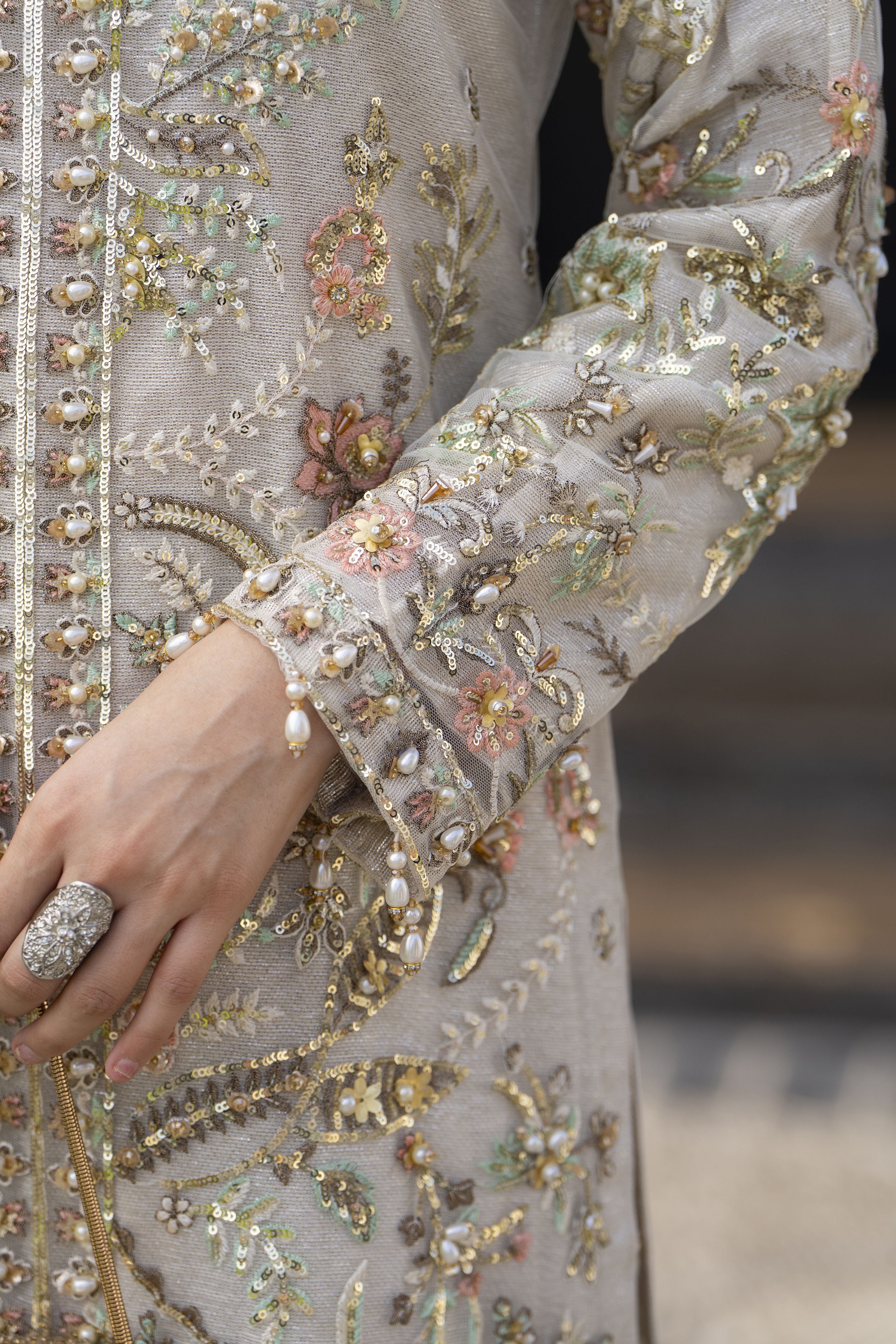 Zaiwaraat by Arwah – Off White Handworked Net Shirt with Sequin Sharara – ZWR15