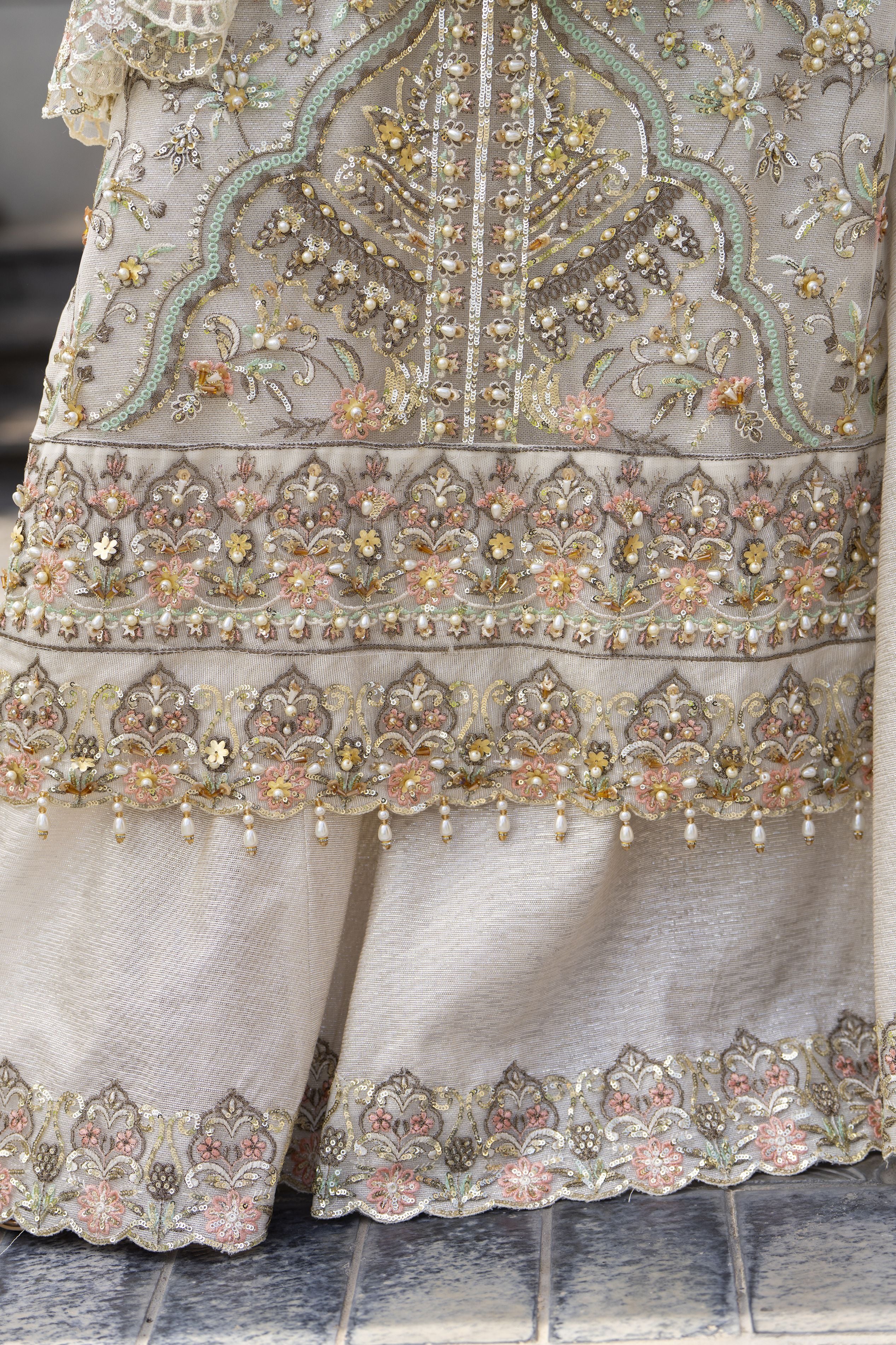 Zaiwaraat by Arwah – Off White Handworked Net Shirt with Sequin Sharara – ZWR15