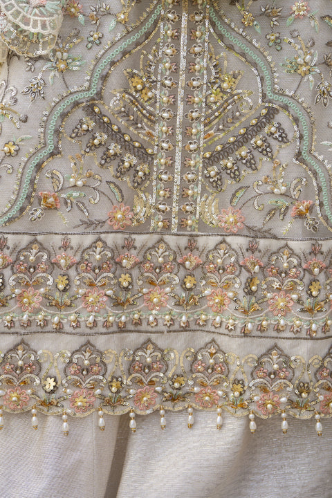 Zaiwaraat by Arwah – Off White Handworked Net Shirt with Sequin Sharara – ZWR15