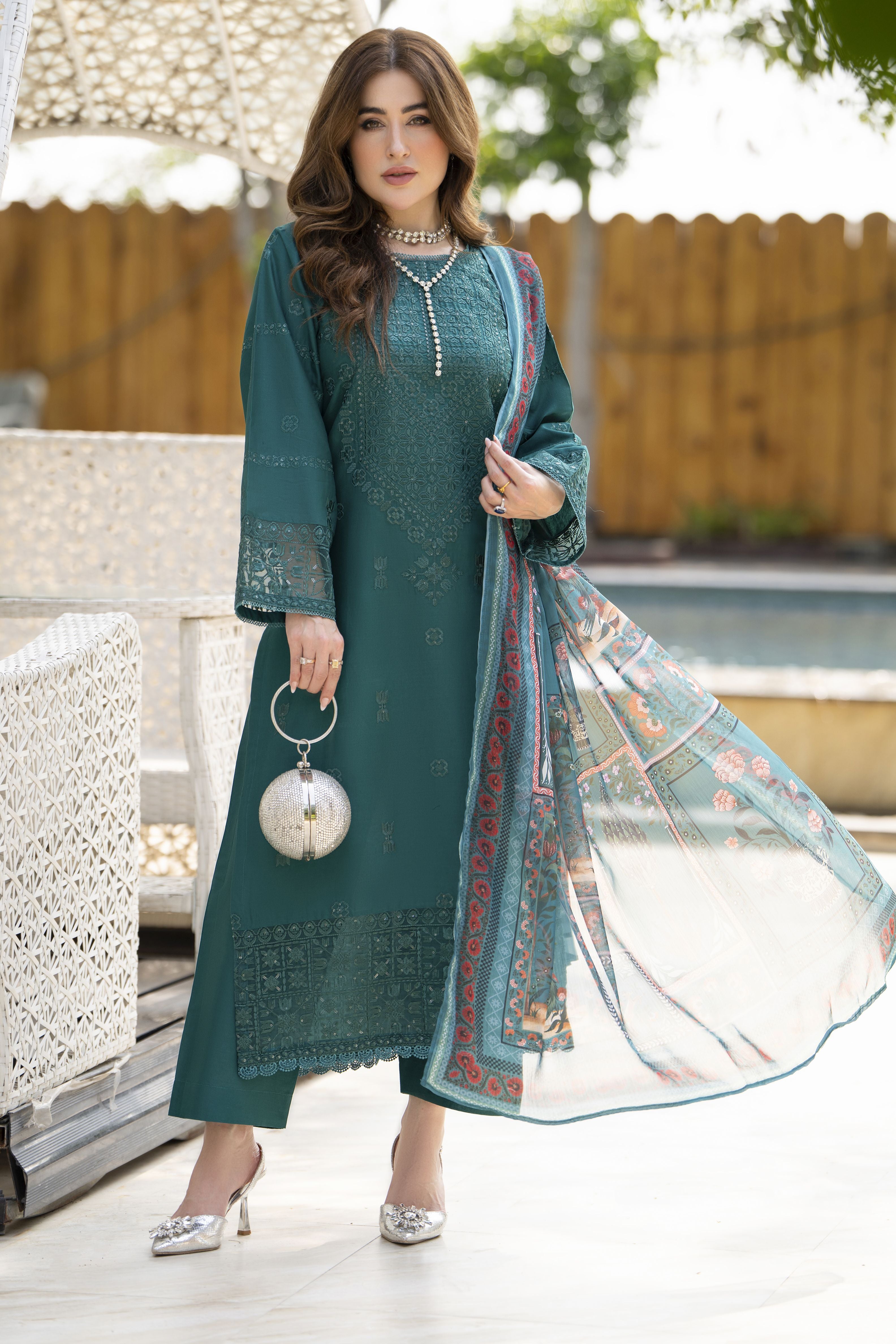 Gul Warun 3pc Embroidered Cotton Suit with Printed Chiffon Dupatta – AMG9
