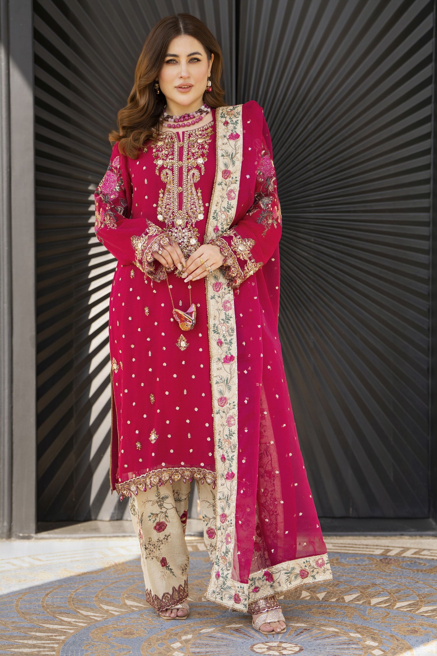 Shaadi by Silver Shocking Pink Chiffon Handwork Formal Shalwar Set SXS4