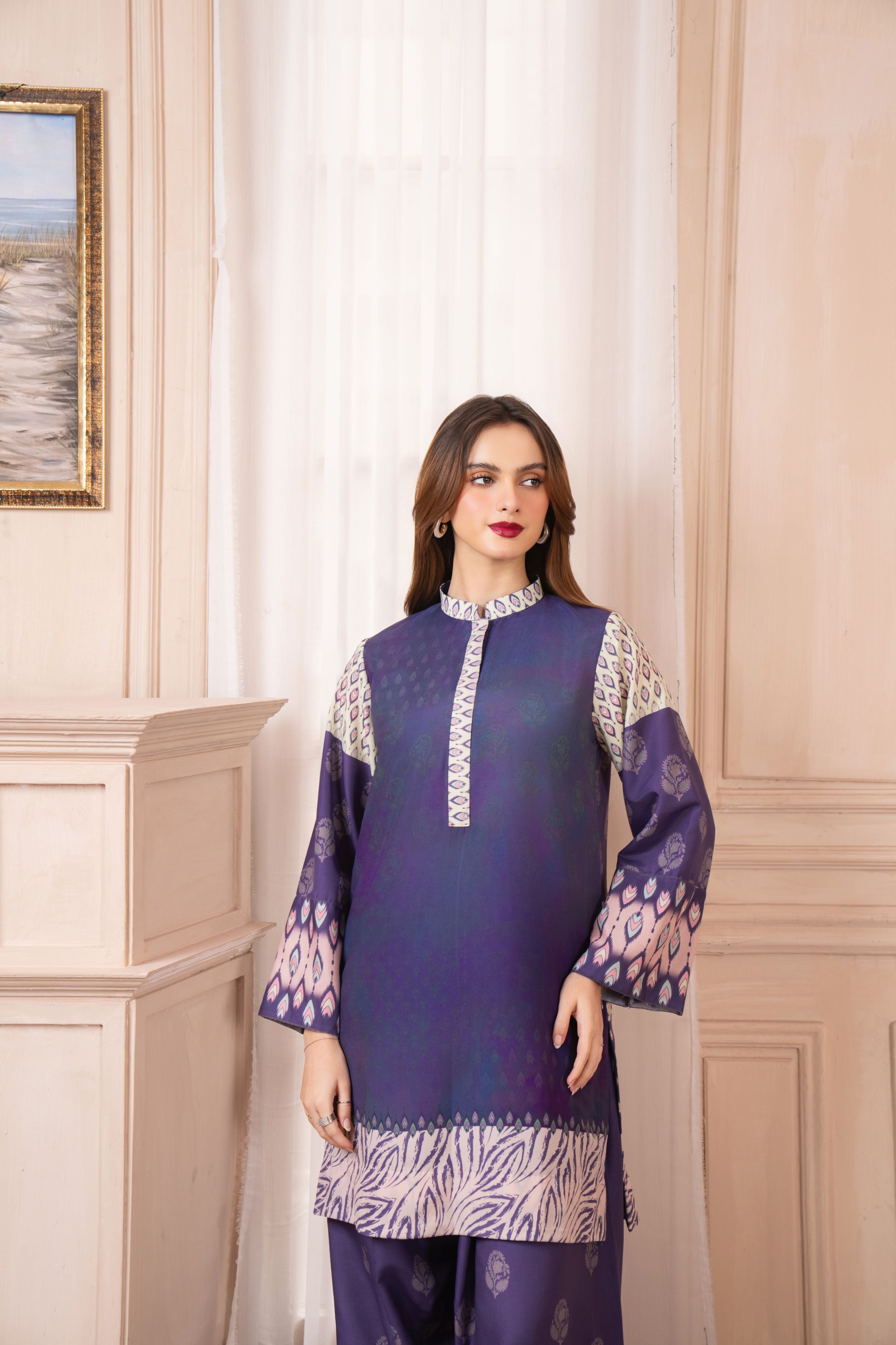 Purple and Ivory Printed Coord Set – Grip Coords by Sakeena Hasan GCS4