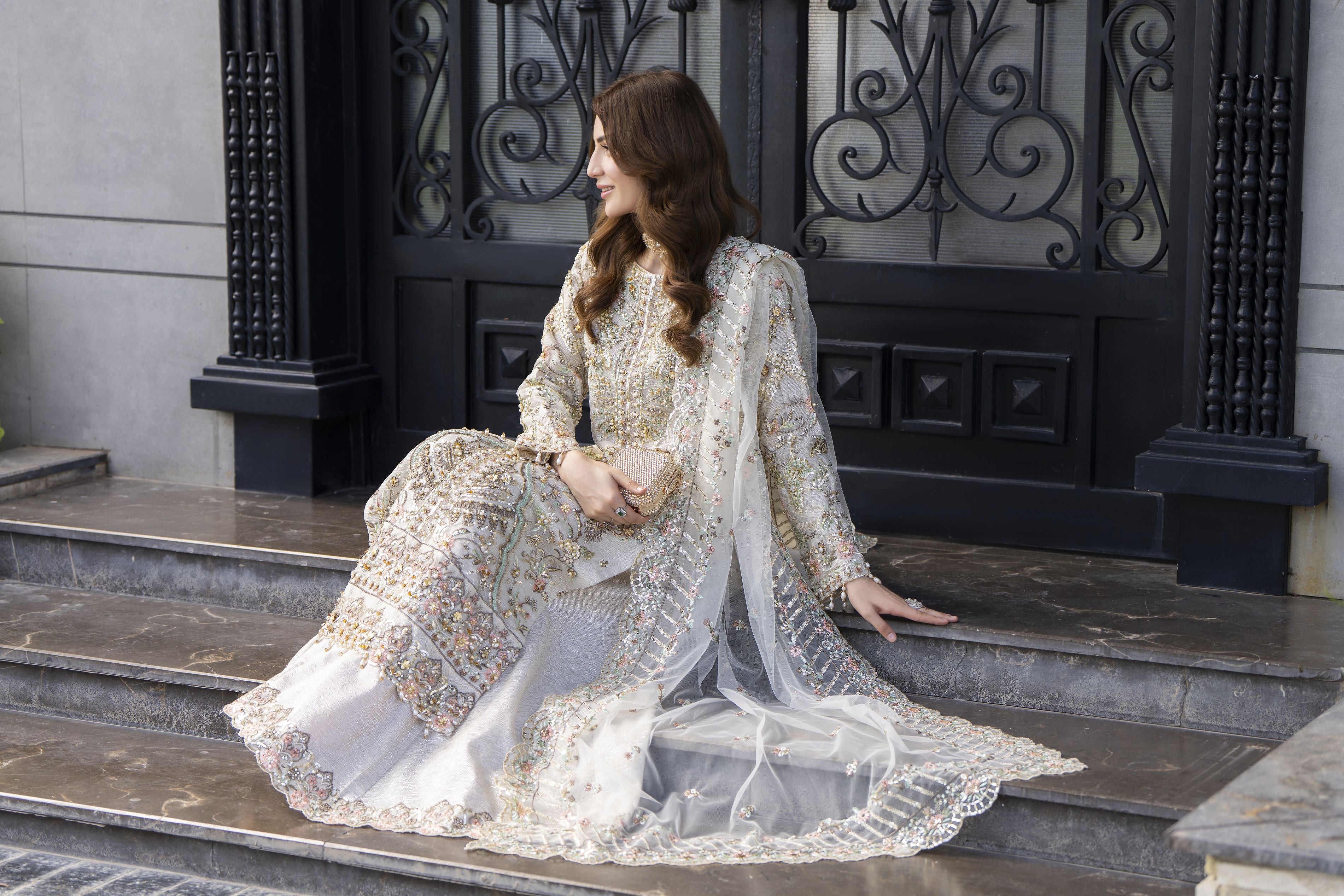 Zaiwaraat by Arwah – Off White Handworked Net Shirt with Sequin Sharara – ZWR15
