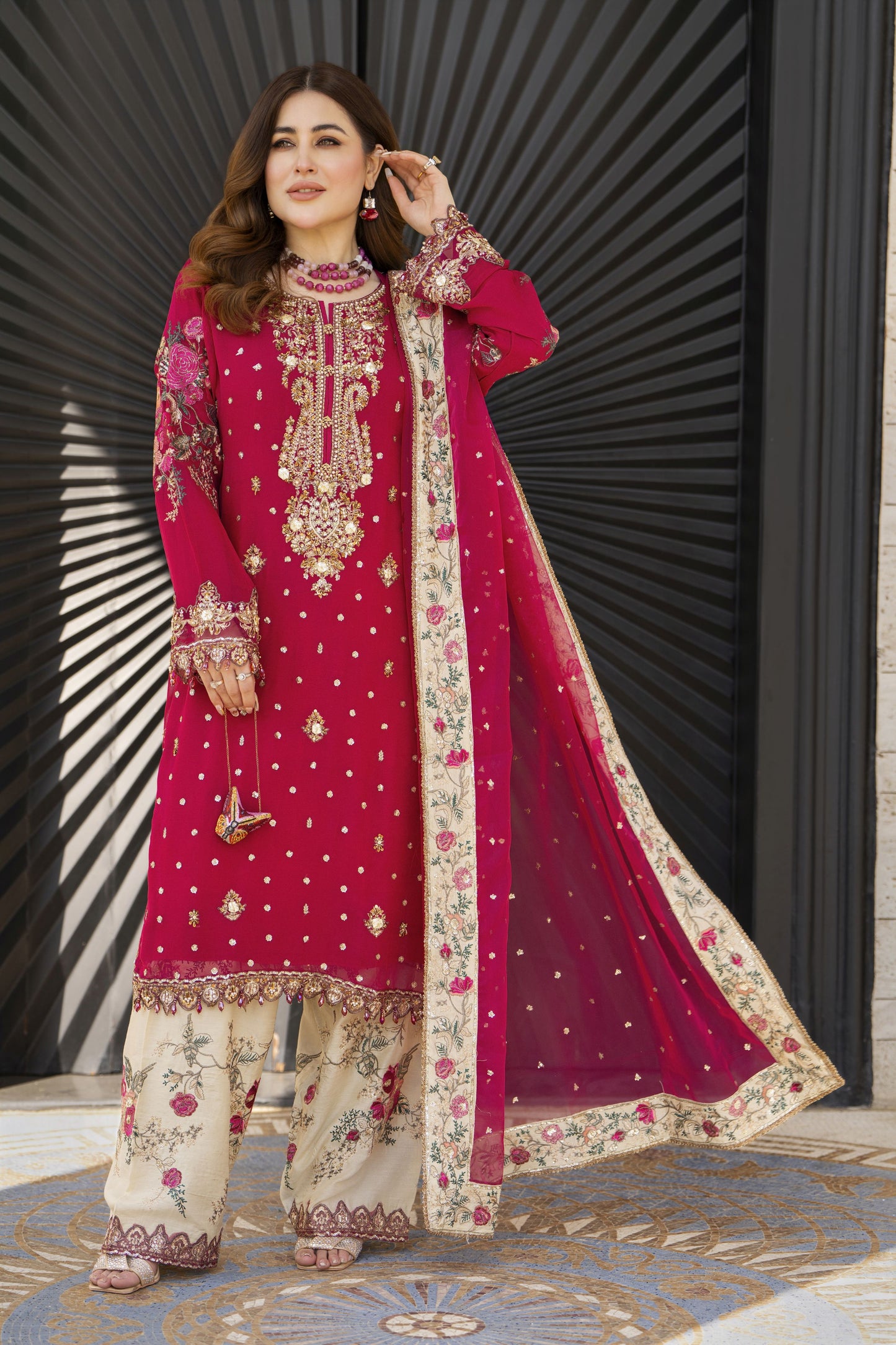 Shaadi by Silver Shocking Pink Chiffon Handwork Formal Shalwar Set SXS4