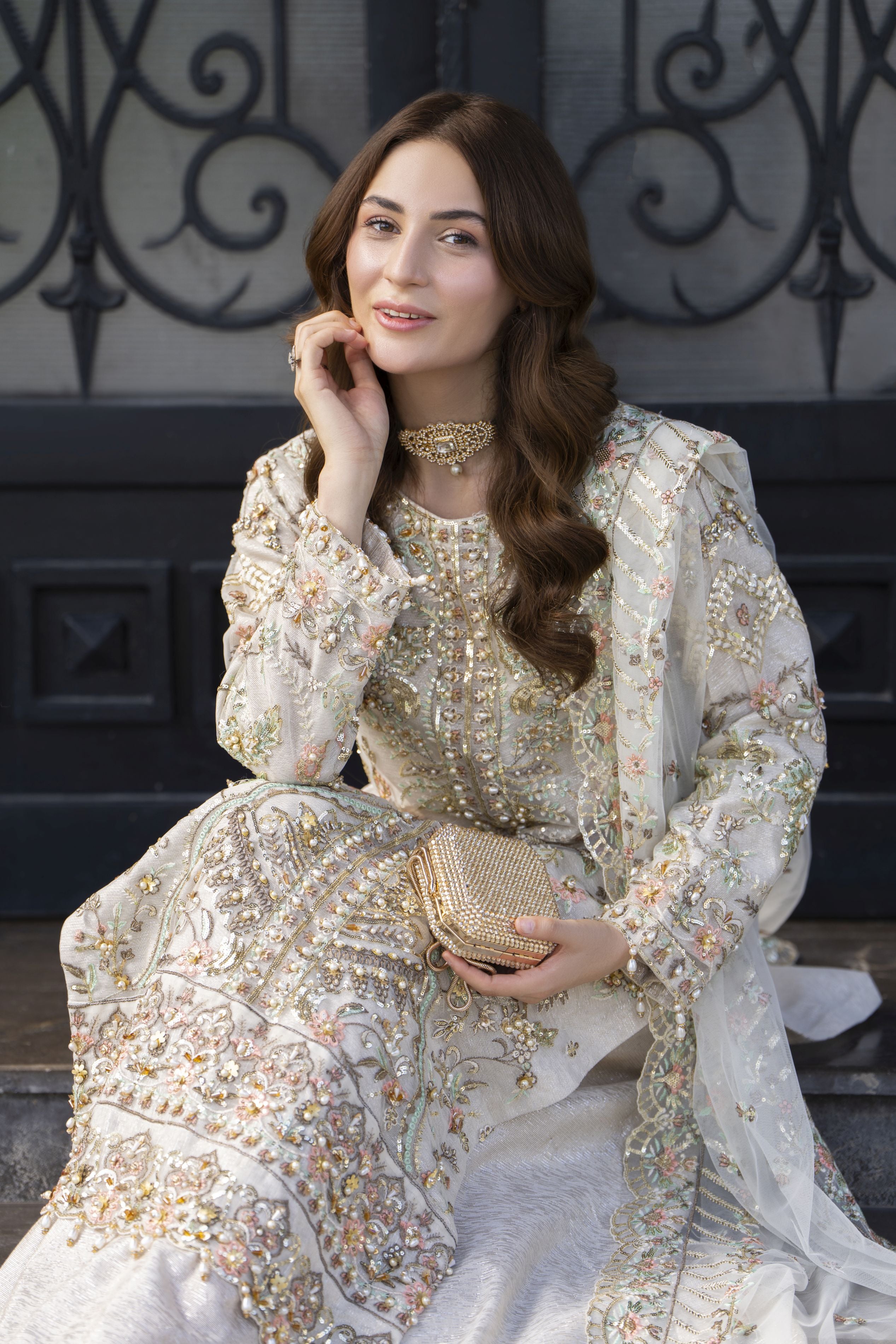 Zaiwaraat by Arwah – Off White Handworked Net Shirt with Sequin Sharara – ZWR15