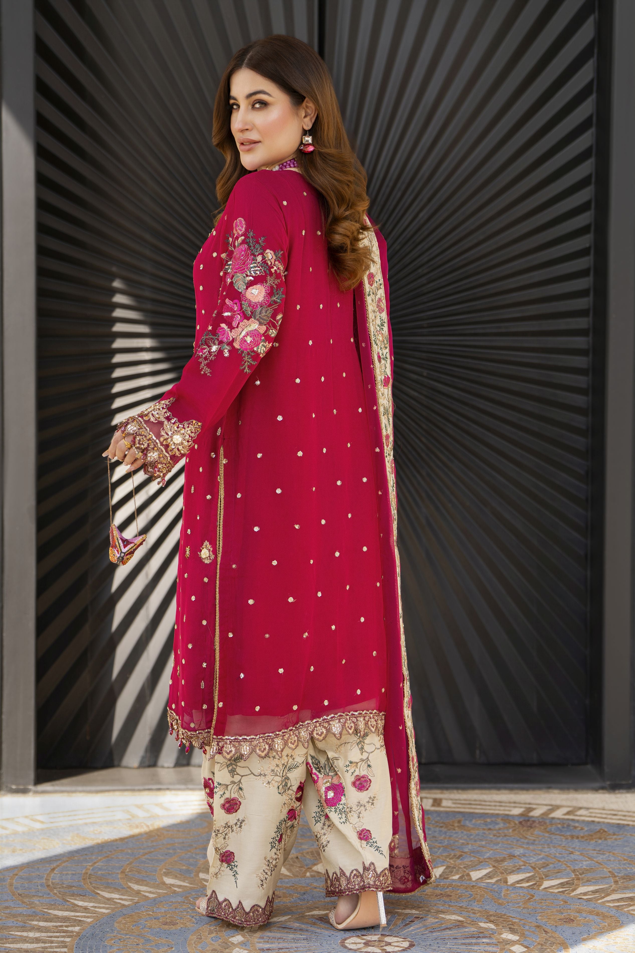 Shaadi by Silver Shocking Pink Chiffon Handwork Formal Shalwar Set SXS4