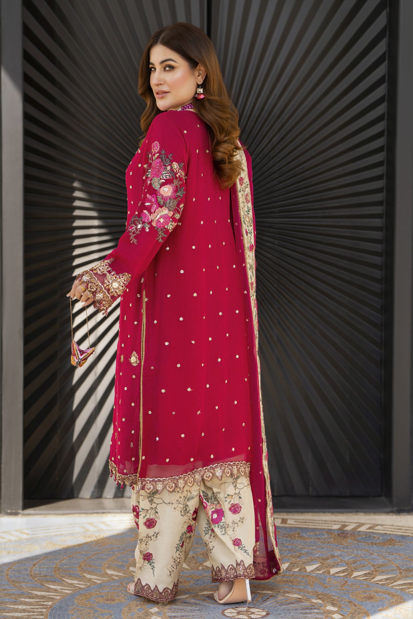 Shaadi by Silver Shocking Pink Chiffon Handwork Formal Shalwar Set SXS4