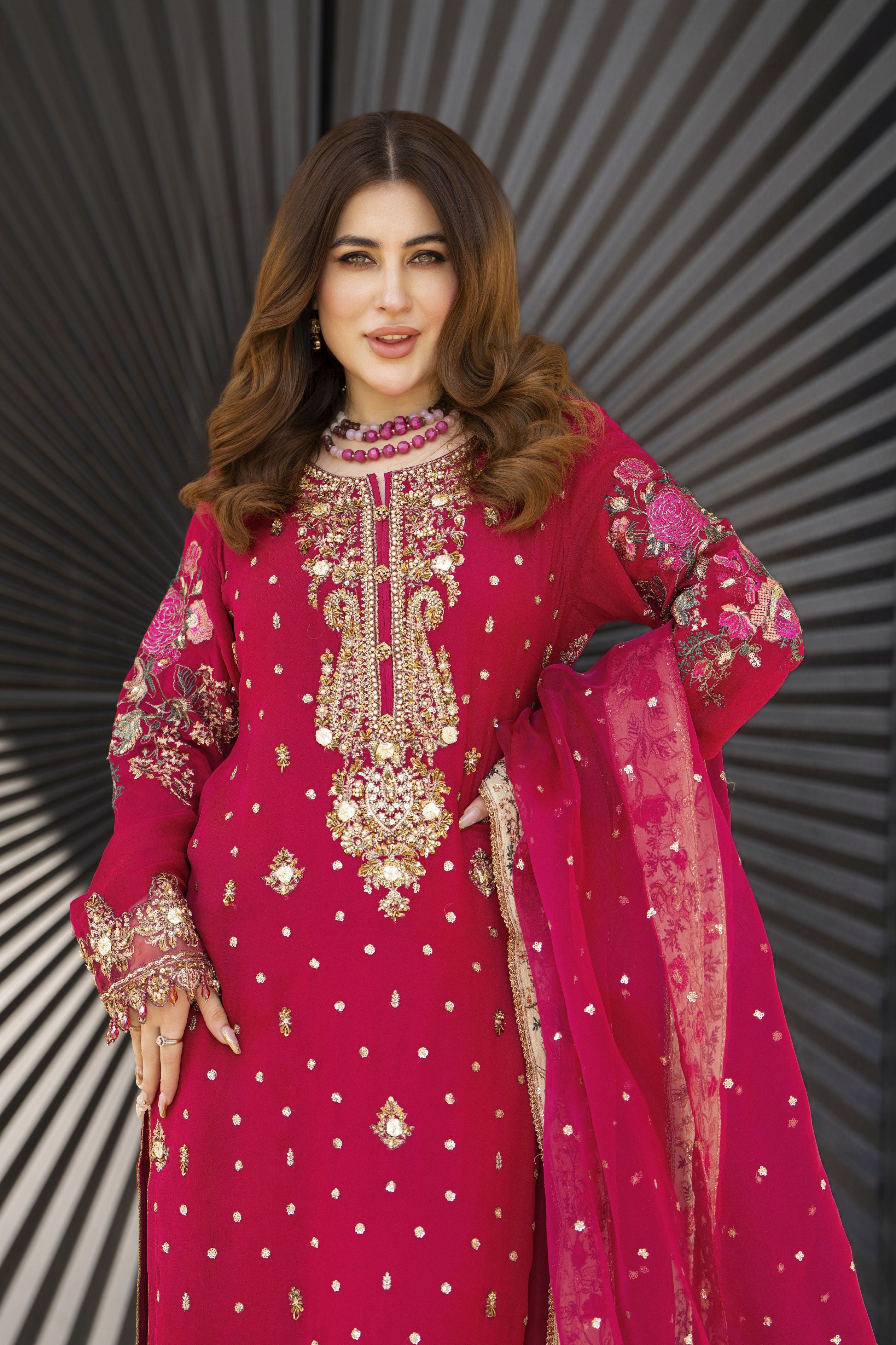 Shaadi by Silver Shocking Pink Chiffon Handwork Formal Shalwar Set SXS4
