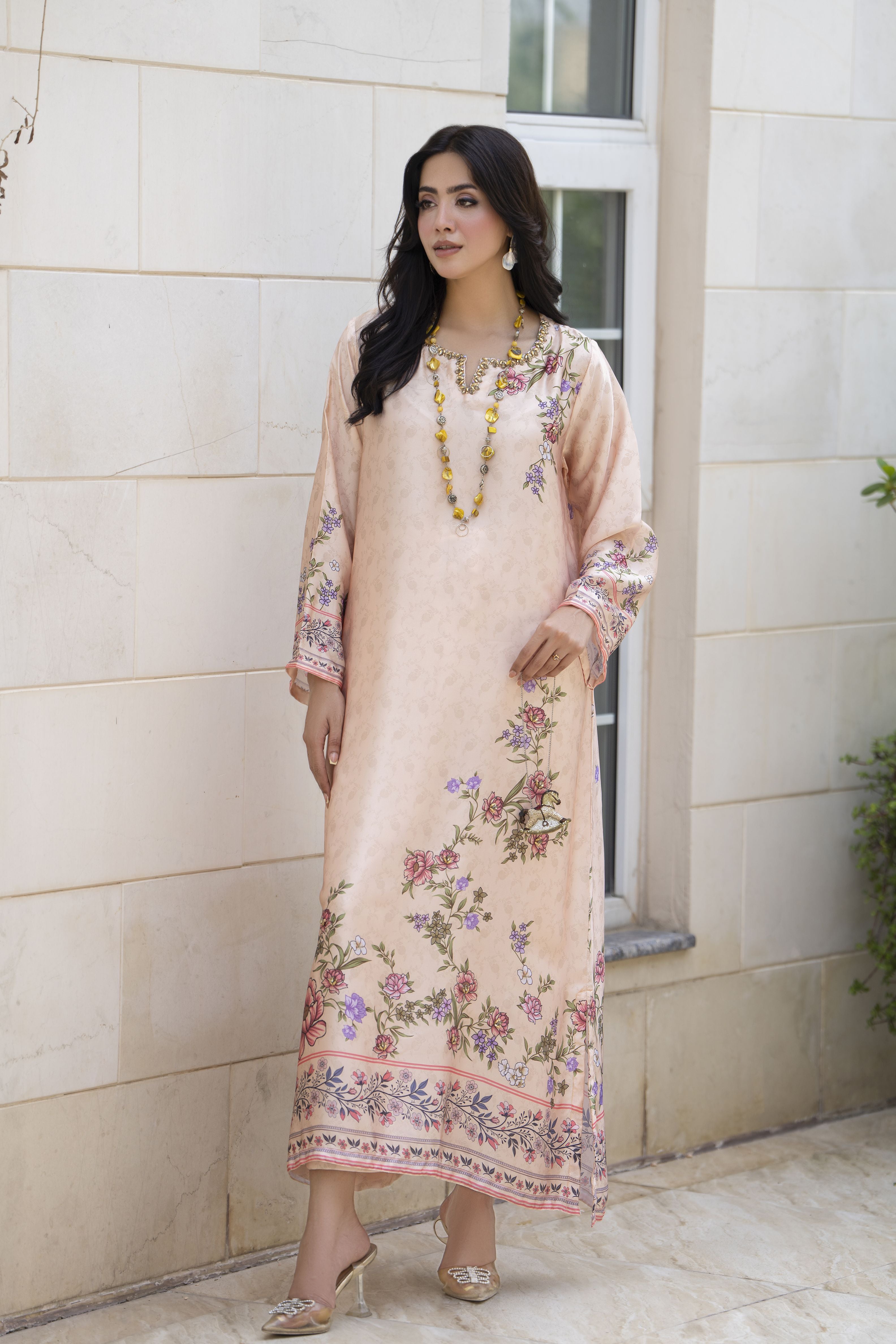 Aleezay 2pc Hand-Embellished Cream Floral Silk Kaftan – AKF3