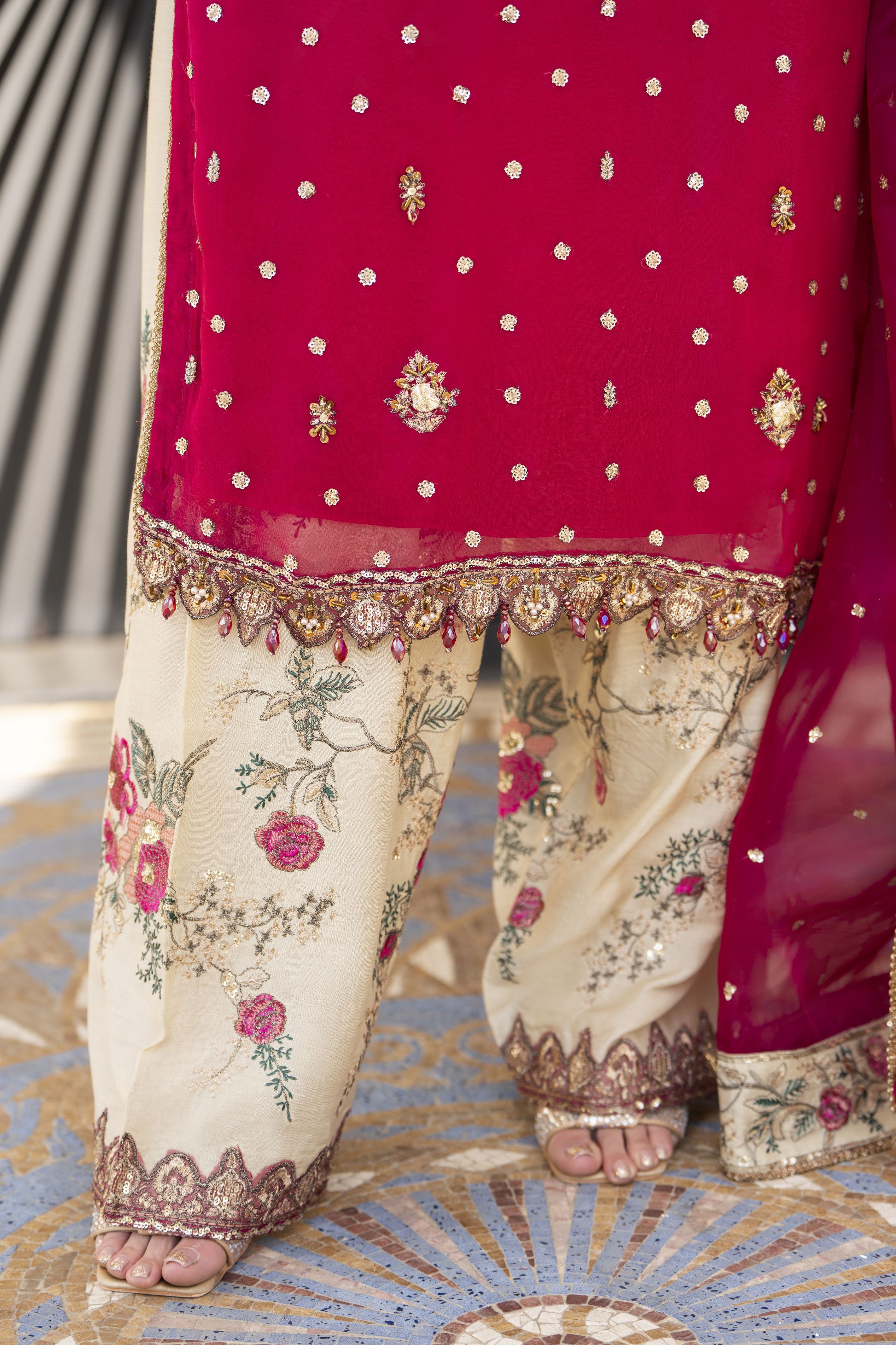 Shaadi by Silver Shocking Pink Chiffon Handwork Formal Shalwar Set SXS4