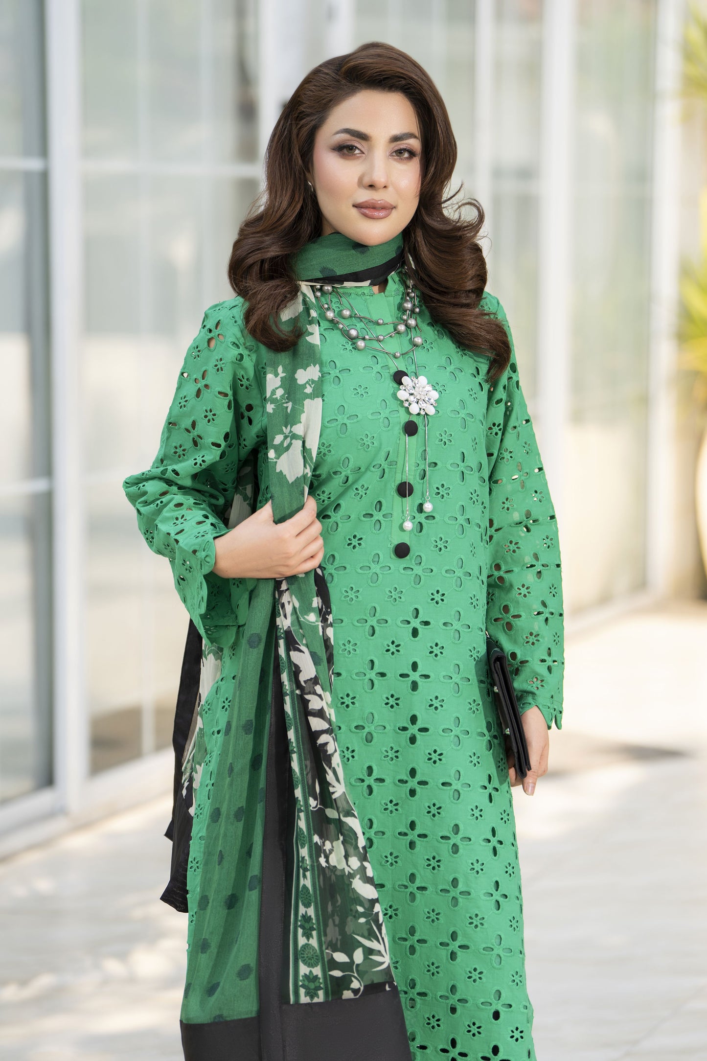 Zaina Bliss 3pc Chikankari Long Shirt With Printed Trousers Bliss11