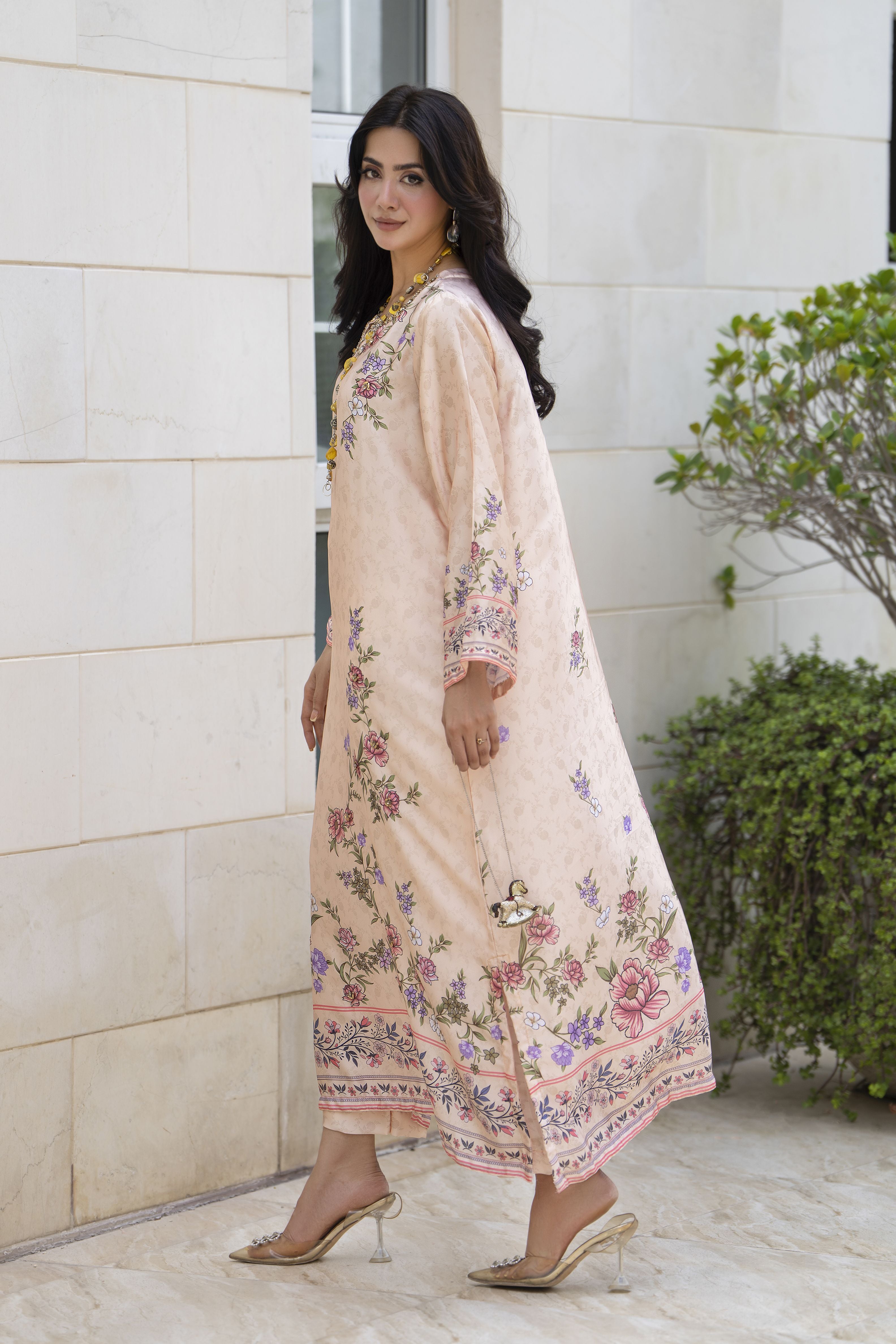 Aleezay 2pc Hand-Embellished Cream Floral Silk Kaftan – AKF3