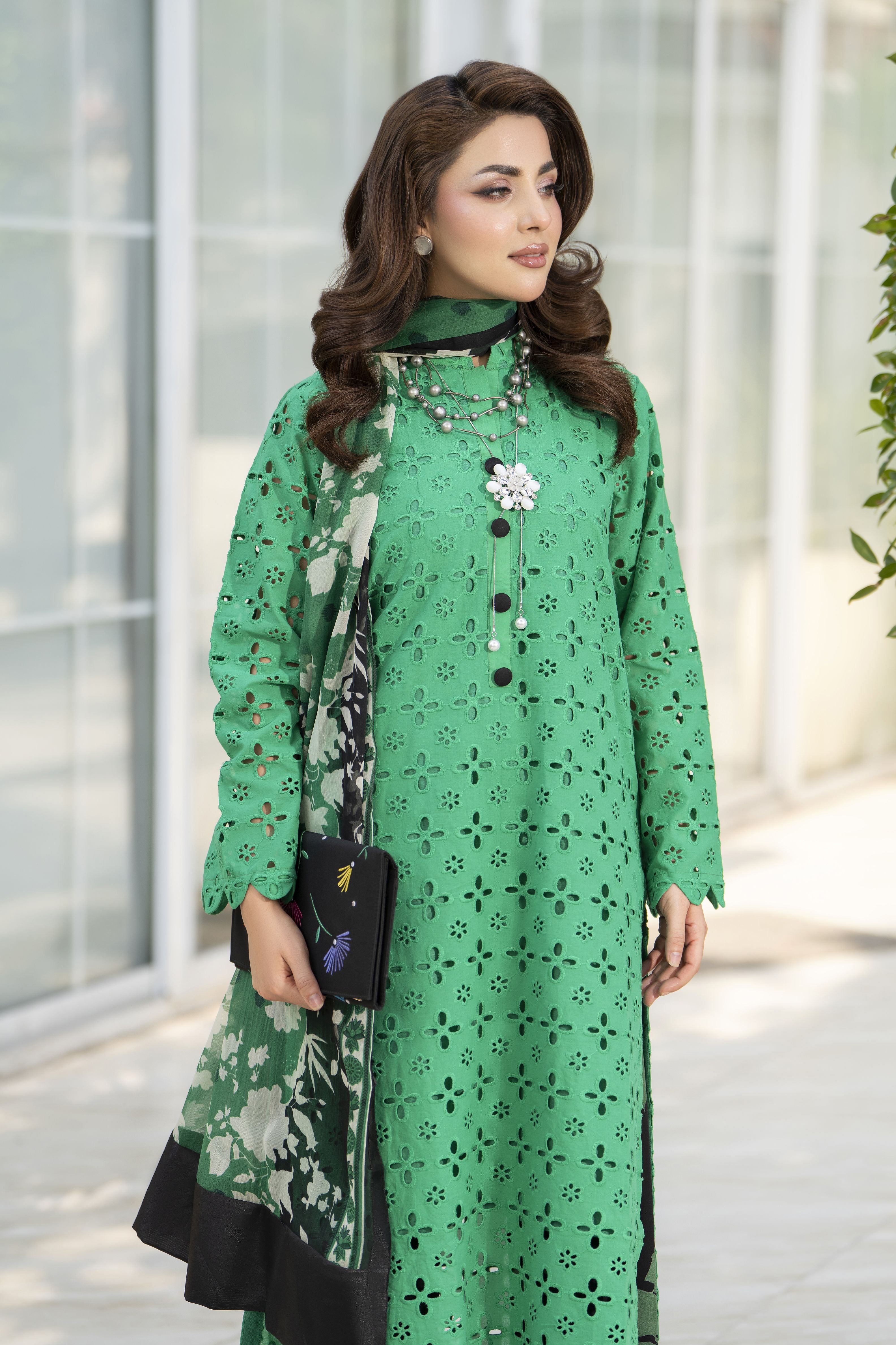 Zaina Bliss 3pc Chikankari Long Shirt With Printed Trousers Bliss11
