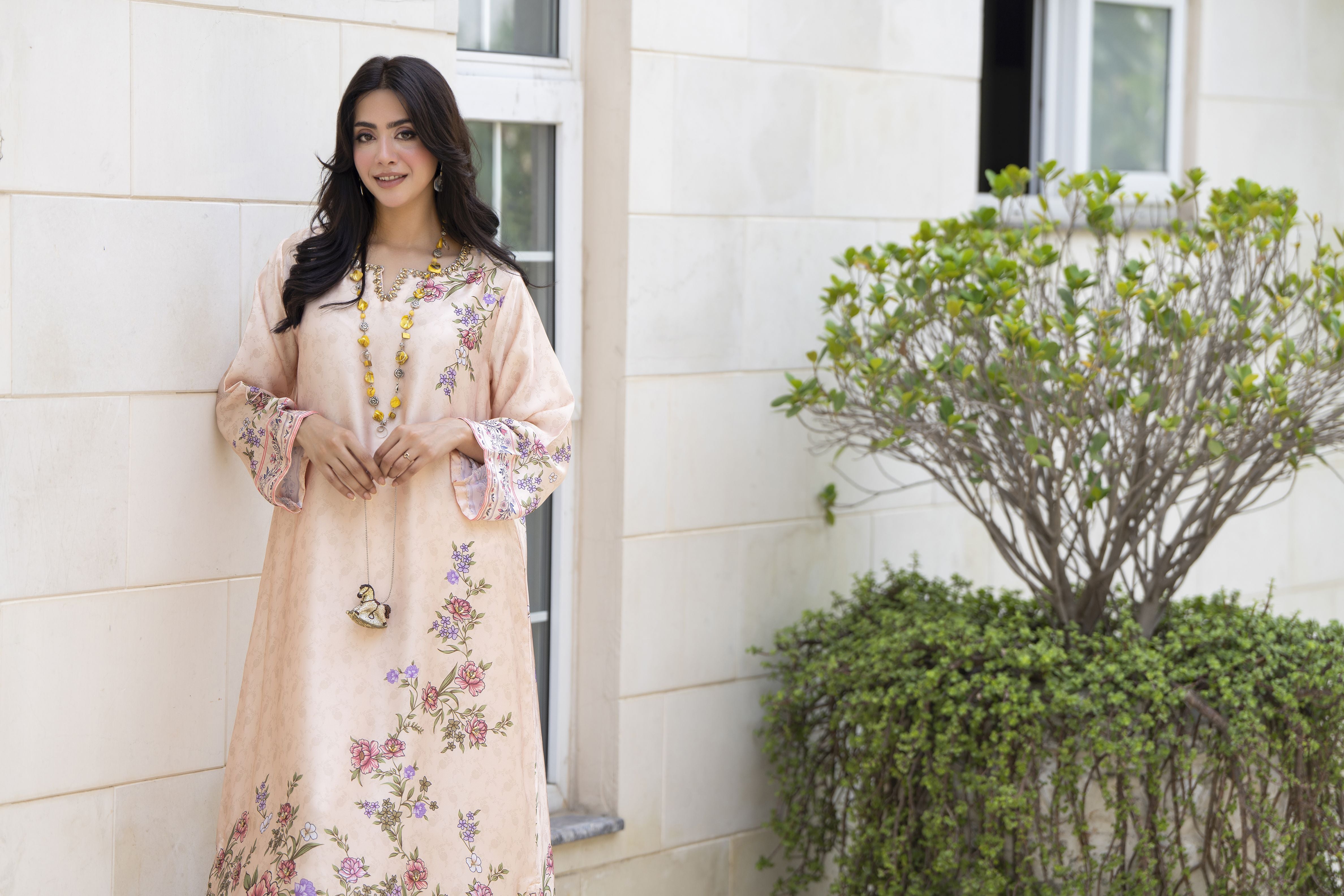 Aleezay 2pc Hand-Embellished Cream Floral Silk Kaftan – AKF3