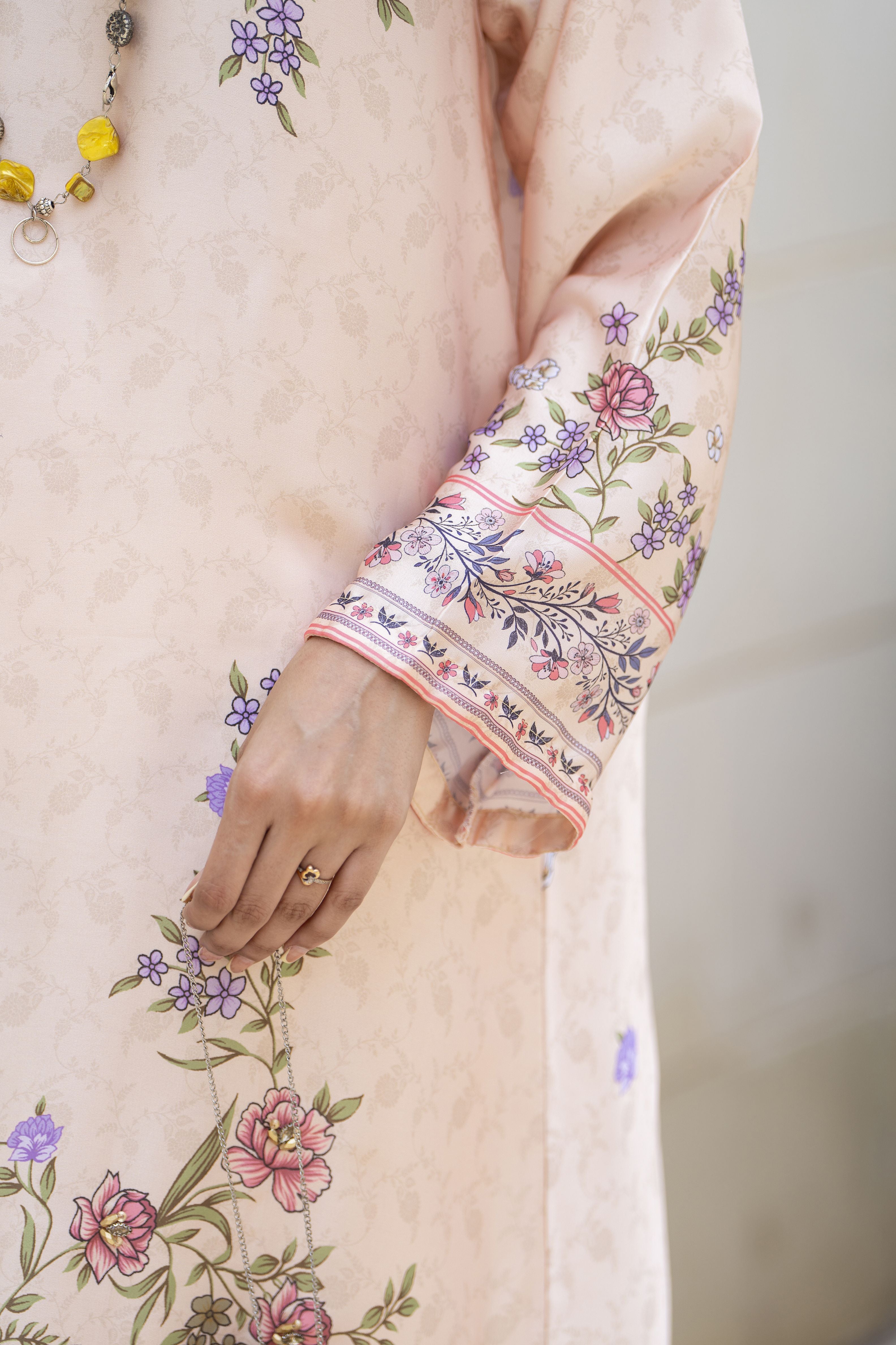 Aleezay 2pc Hand-Embellished Cream Floral Silk Kaftan – AKF3