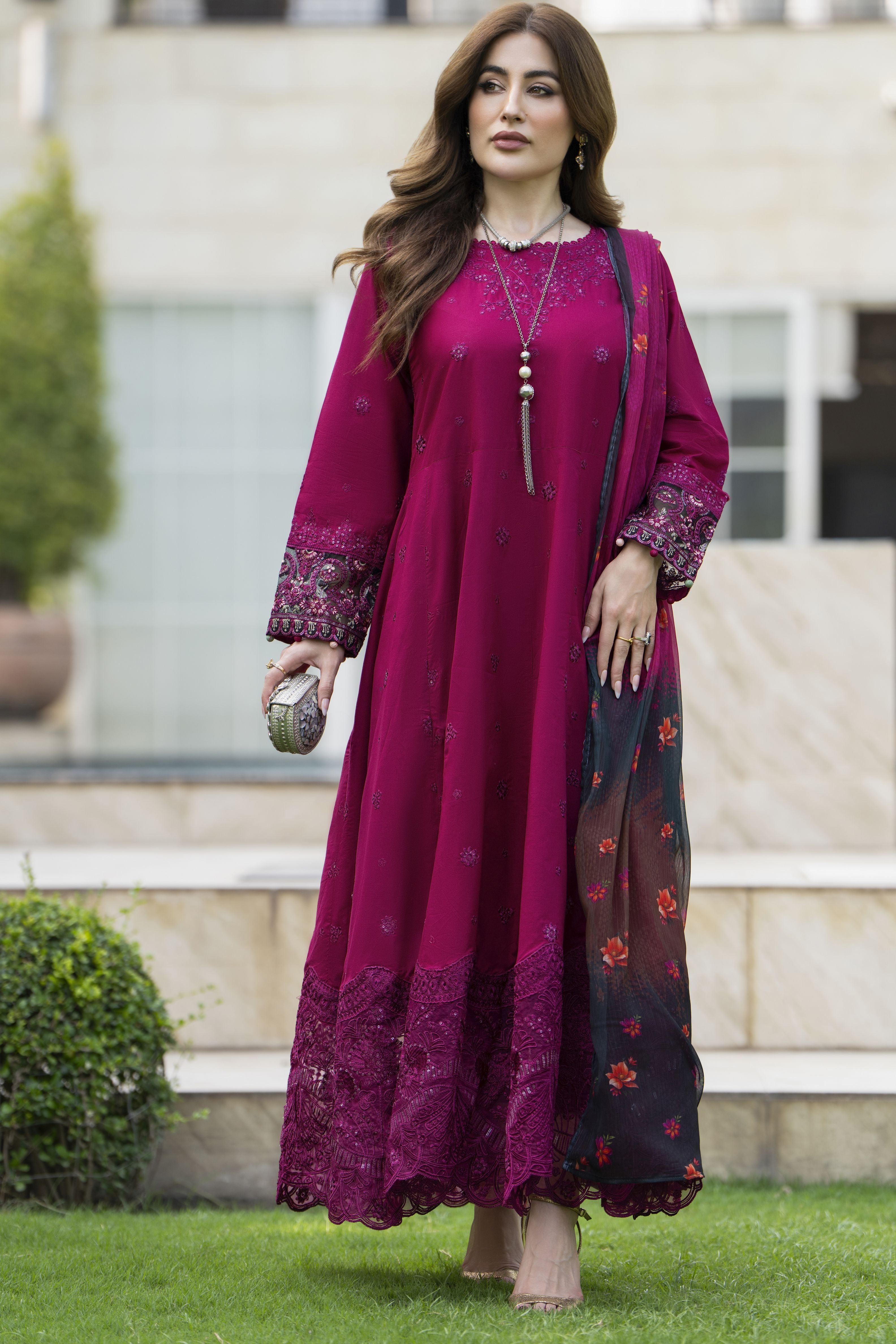 Gul Warun 3pc Embroidered Cotton Frock Suit with Chiffon Dupatta – AMG10