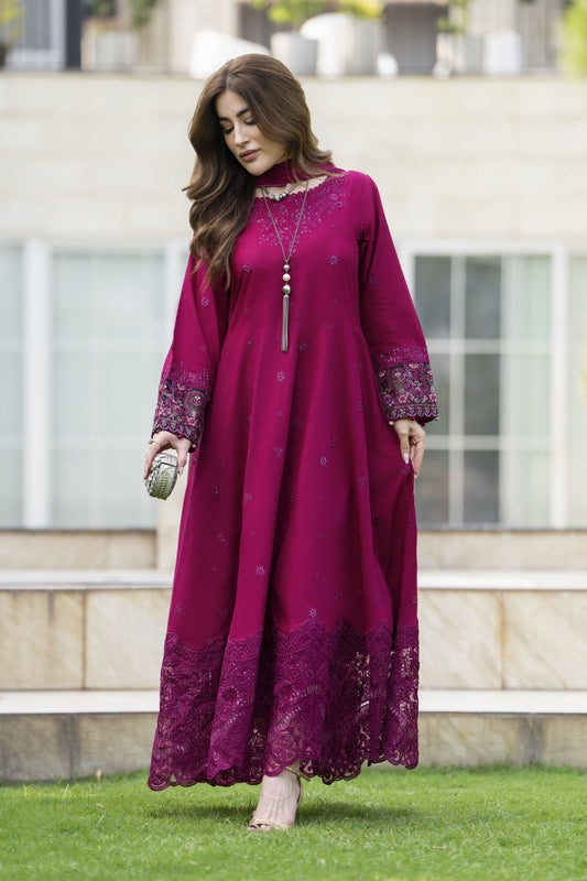 Gul Warun 3pc Embroidered Cotton Frock Suit with Chiffon Dupatta – AMG10